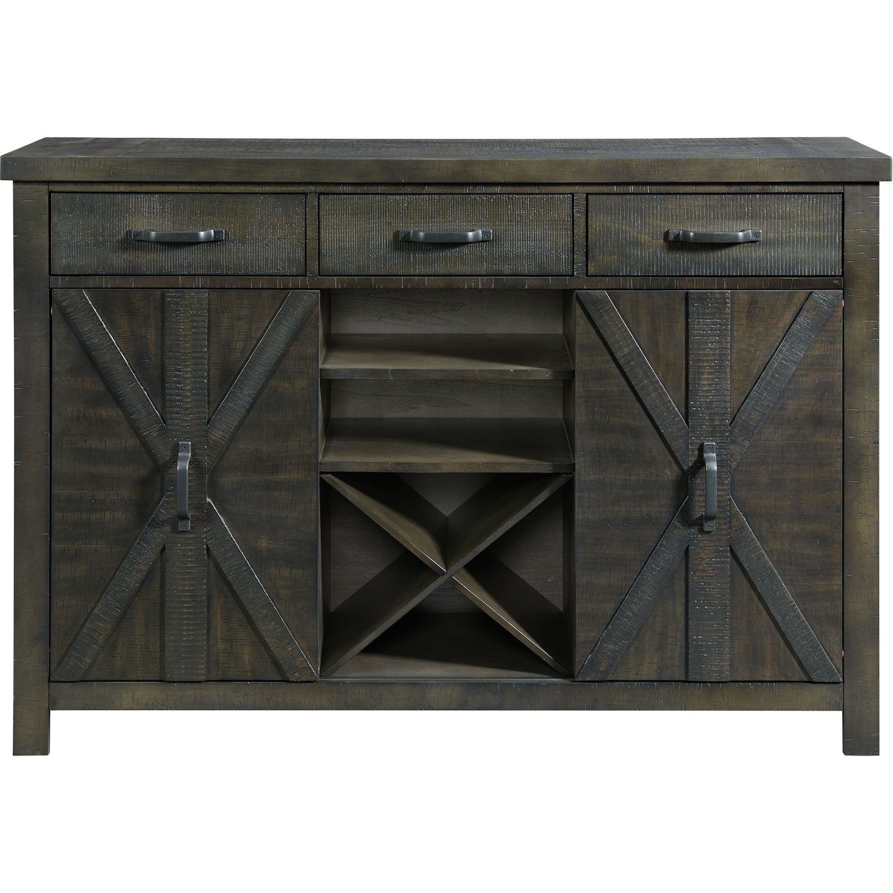 Sunset Trading Trestle Server with 20 Bottle Wine Rack | Sideboard Dining Storage Cabinet Shelves Drawers | Distressed Gray Wood