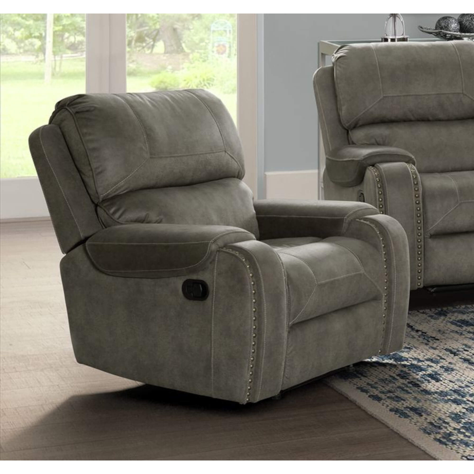 Sunset Trading Calvin 41" Wide Recliner | Reclining Chair | Nailheads | Easy to Clean Gray Fabric