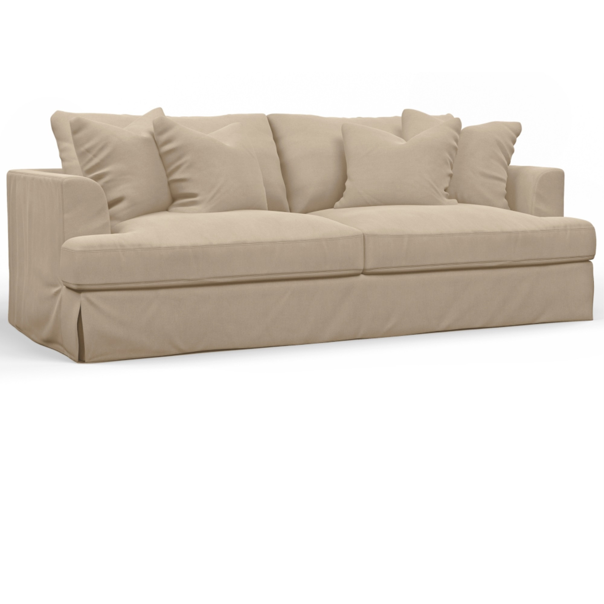 Sunset Trading Newport Slipcovered Recessed Fin Arm 94" Sofa | Stain Resistant Performance Fabric | 4 Throw Pillows | Tan