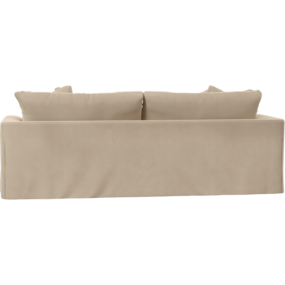 Sunset Trading Newport Slipcovered Recessed Fin Arm 94" Sofa | Stain Resistant Performance Fabric | 4 Throw Pillows | Tan