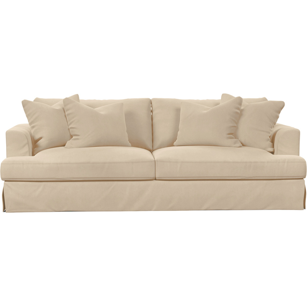 Sunset Trading Newport Slipcovered Recessed Fin Arm 94" Sofa | Stain Resistant Performance Fabric | 4 Throw Pillows | Tan