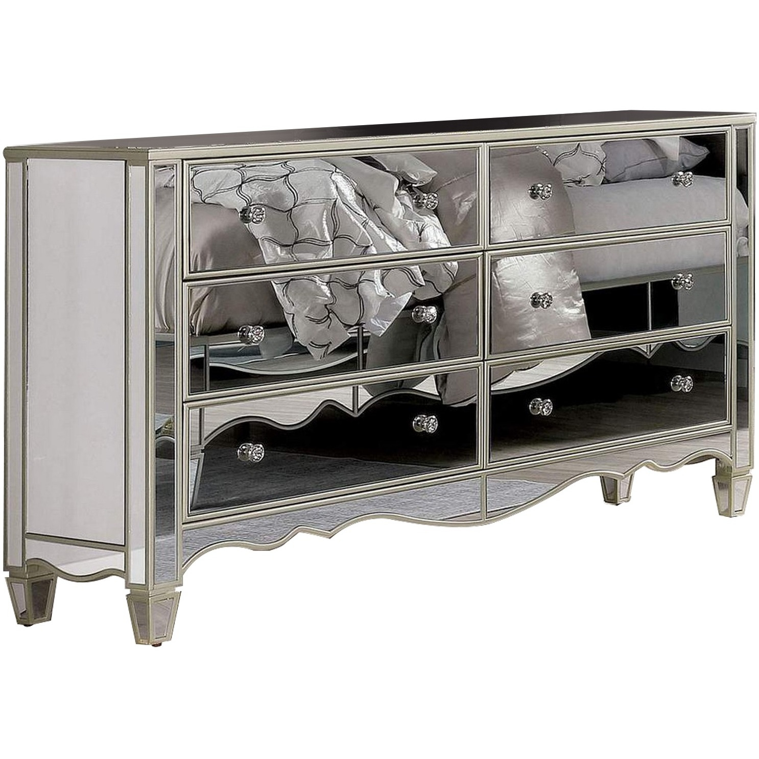 Dresser with Crystal Knobs and Mirror Panels, Silver
