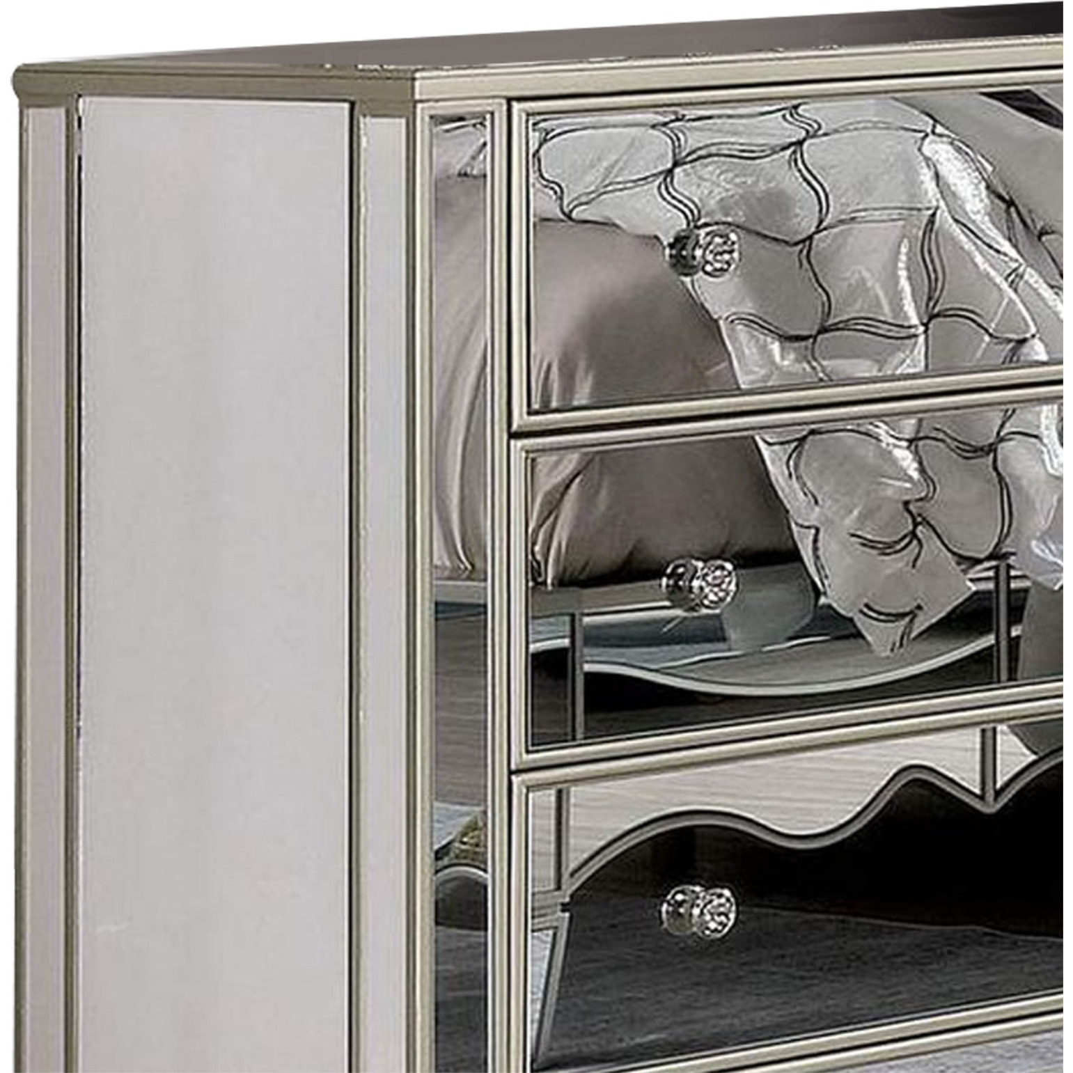 Dresser with Crystal Knobs and Mirror Panels, Silver