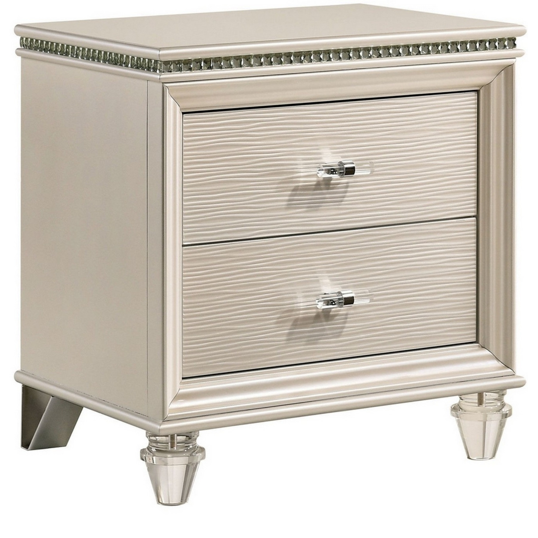 Nightstand with Textured 2 Drawers and Acrylic Legs, Pearl White