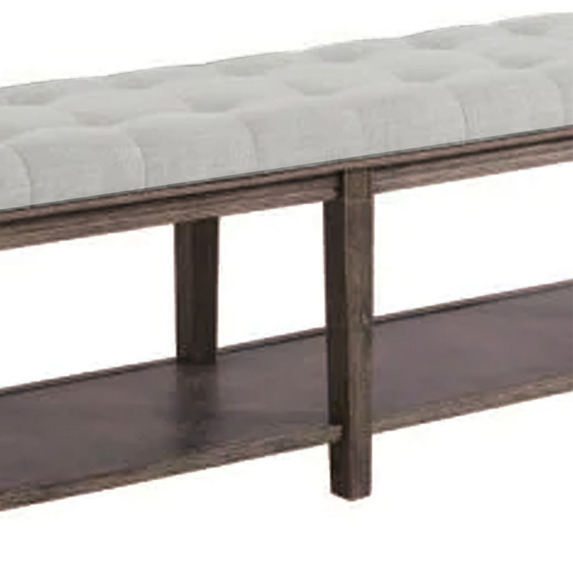 Bench with Button Tufted Seat and Open Shelf, Beige