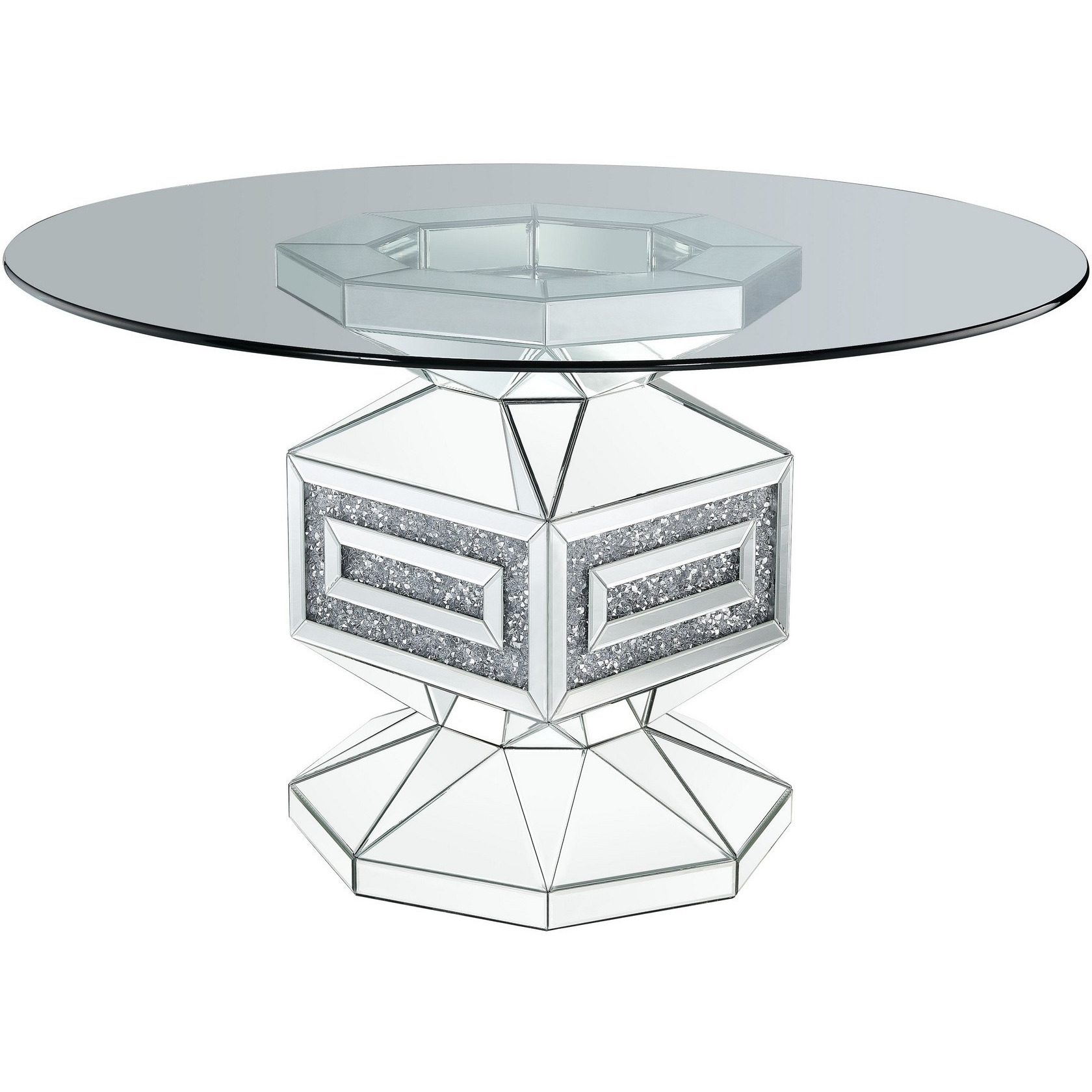Dining Table with Glass Top and Mirrored Pedestal Base, Silver