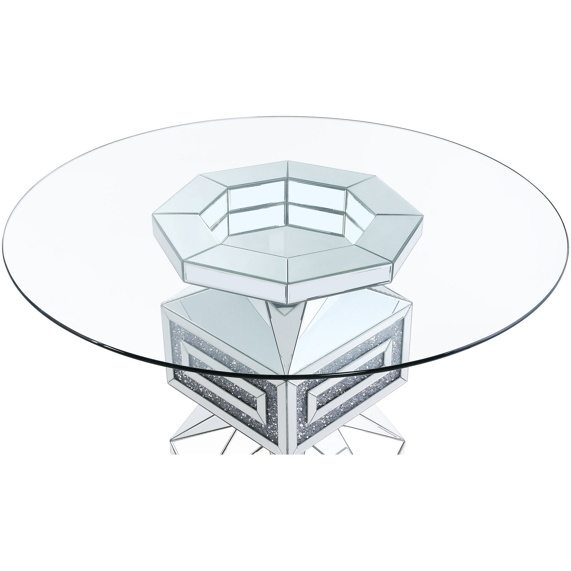 Dining Table with Glass Top and Mirrored Pedestal Base, Silver
