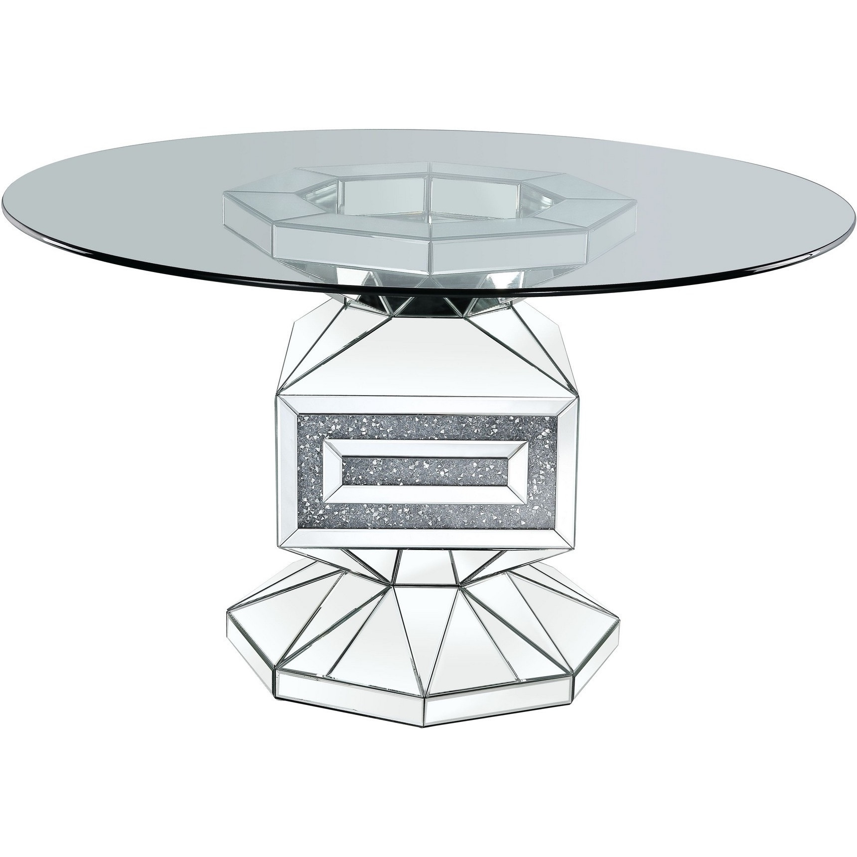 Dining Table with Glass Top and Mirrored Pedestal Base, Silver