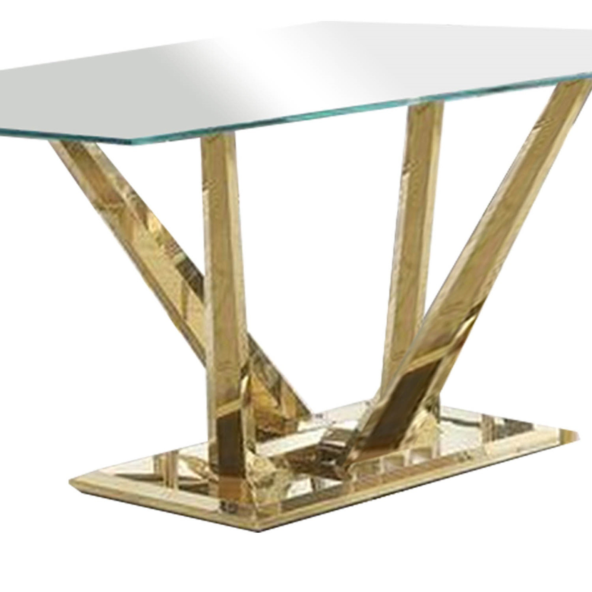 Dining Table and Glass Top and Steel Pedestal Base, Gold
