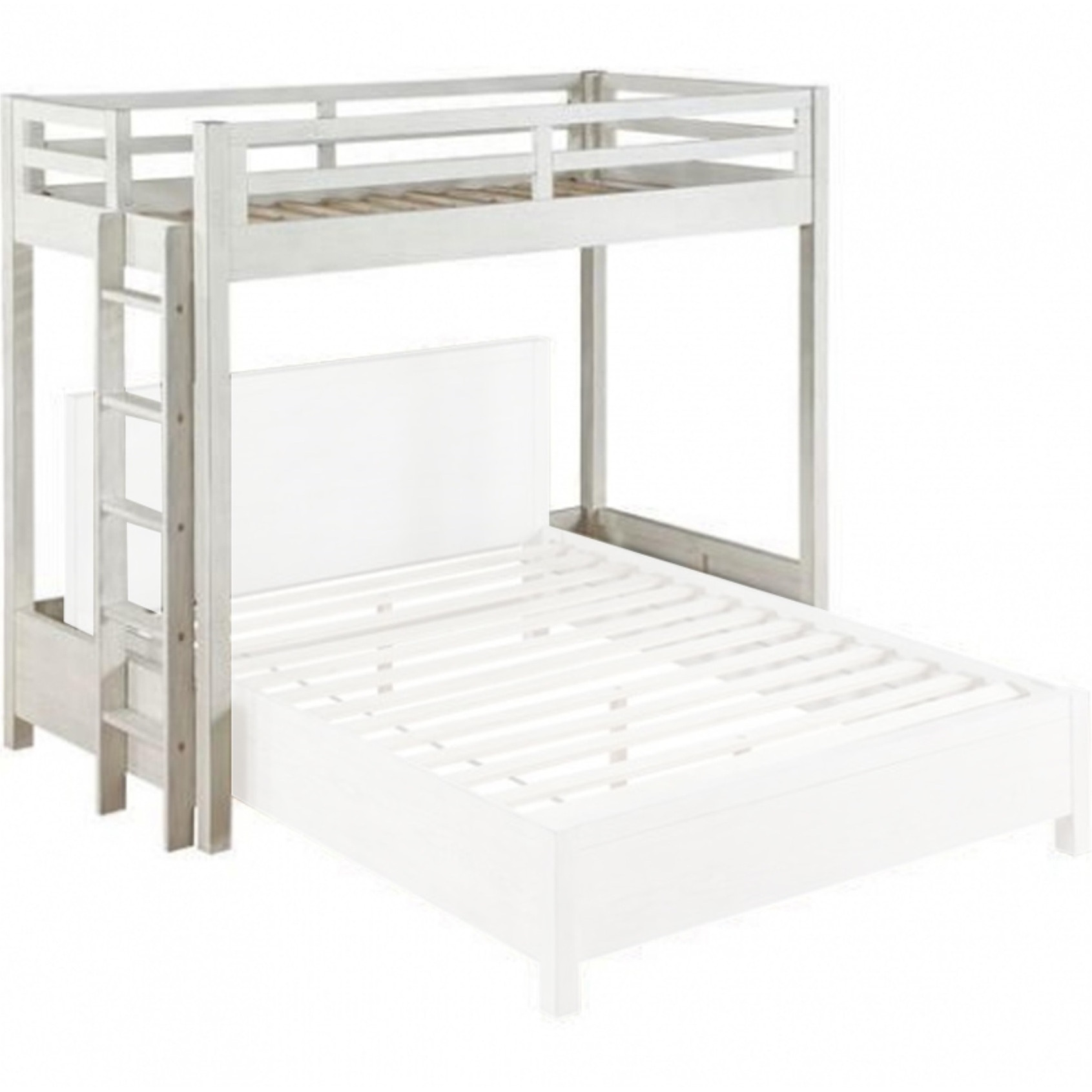 Twin Loft Bed with 1 Queen Bed and Fixed Ladder, White
