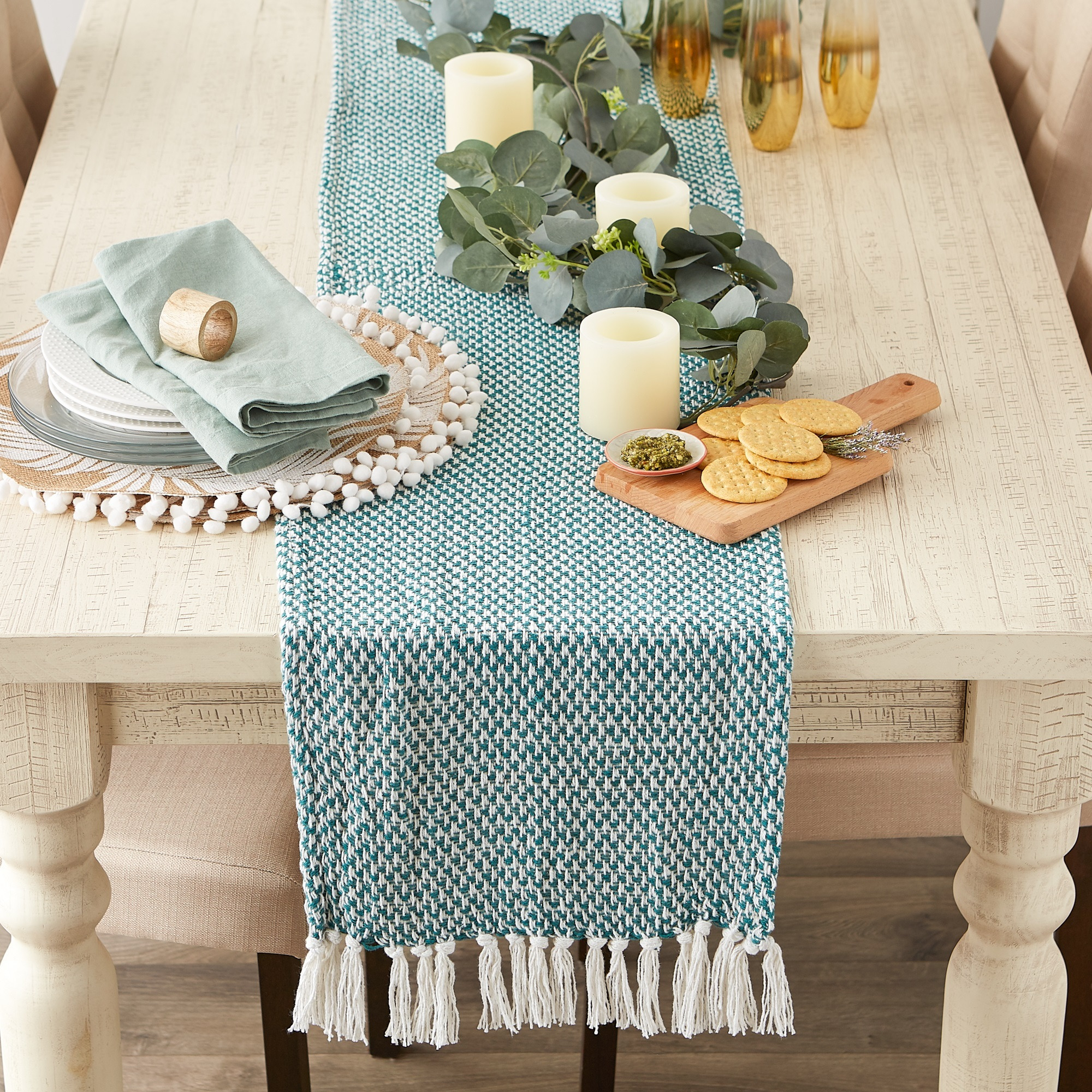 DII Teal Woven Table Runner 15x72