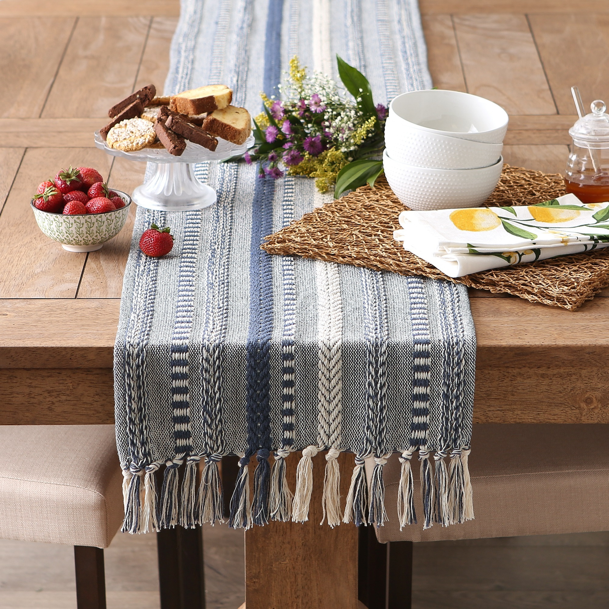 DII French Blue Braided Stripe Table Runner 15x108