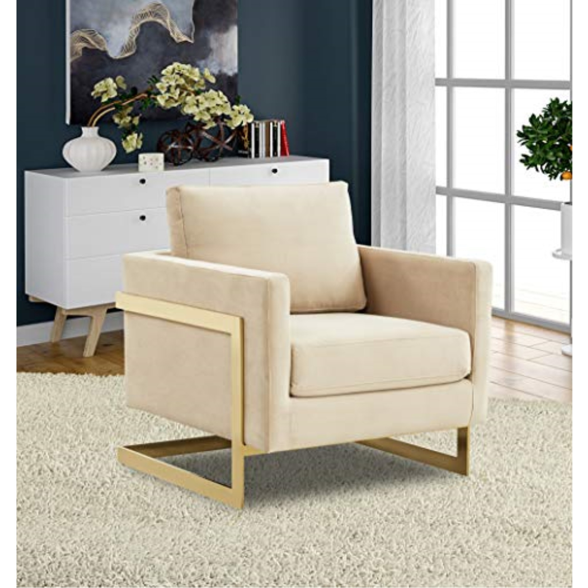 LeisureMod Lincoln Velvet Accent Armchair With Gold Frame