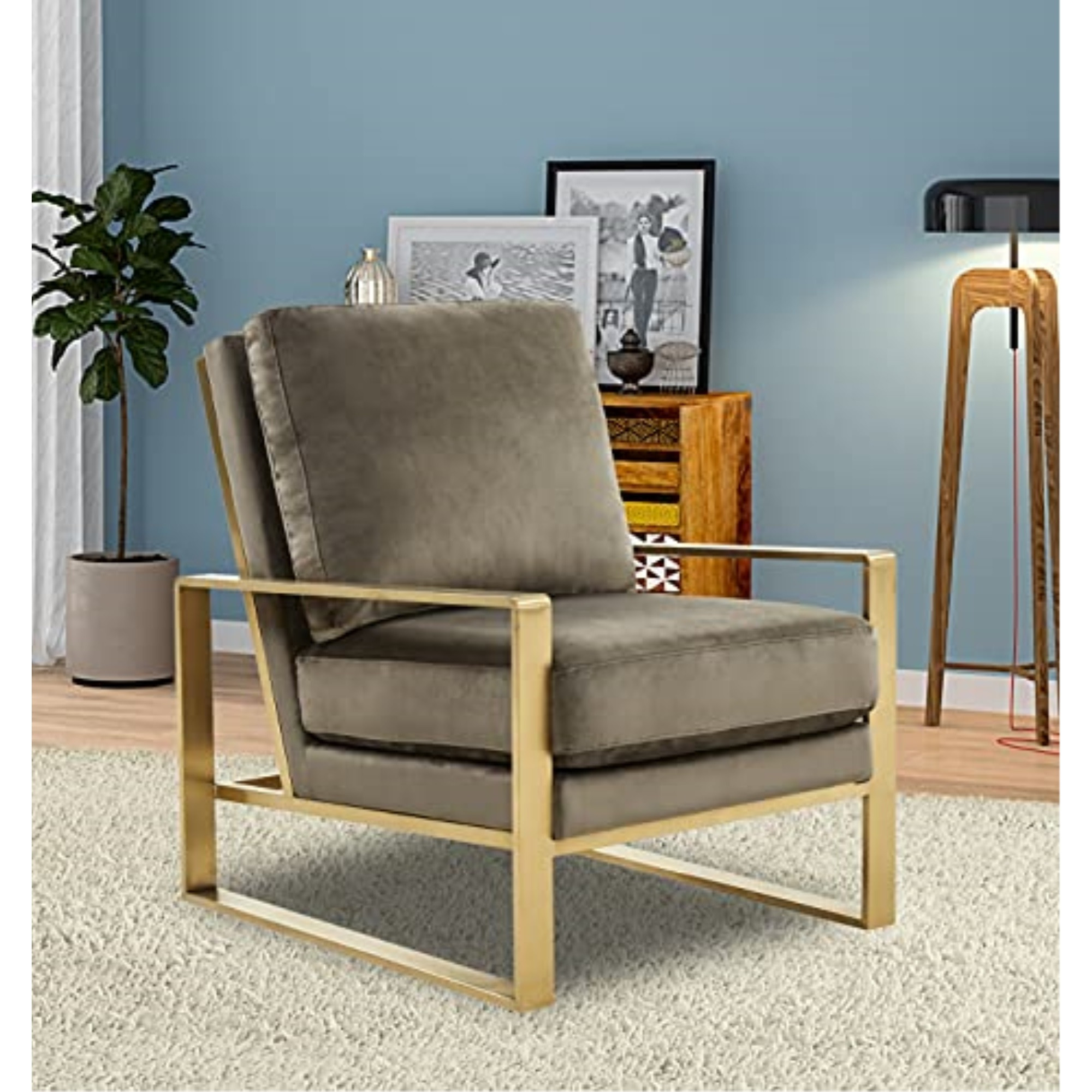 LeisureMod Jefferson Velvet Design Accent Armchair With Gold Frame