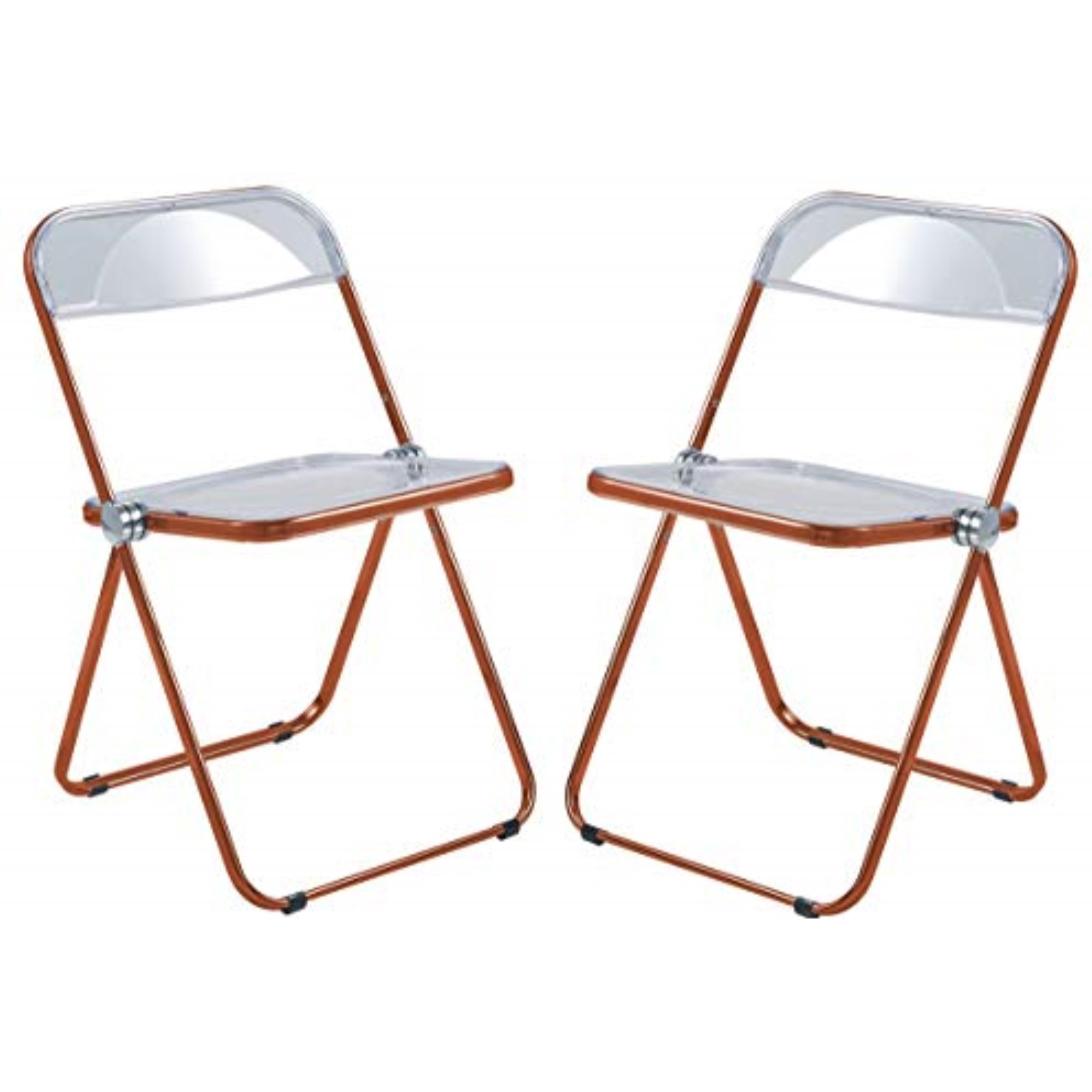 LeisureMod Lawrence Acrylic Folding Chair With Orange Metal Frame, Set of 2
