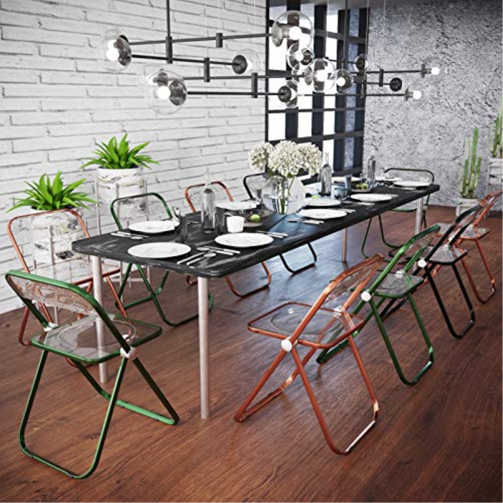 LeisureMod Lawrence Acrylic Folding Chair With Orange Metal Frame, Set of 2