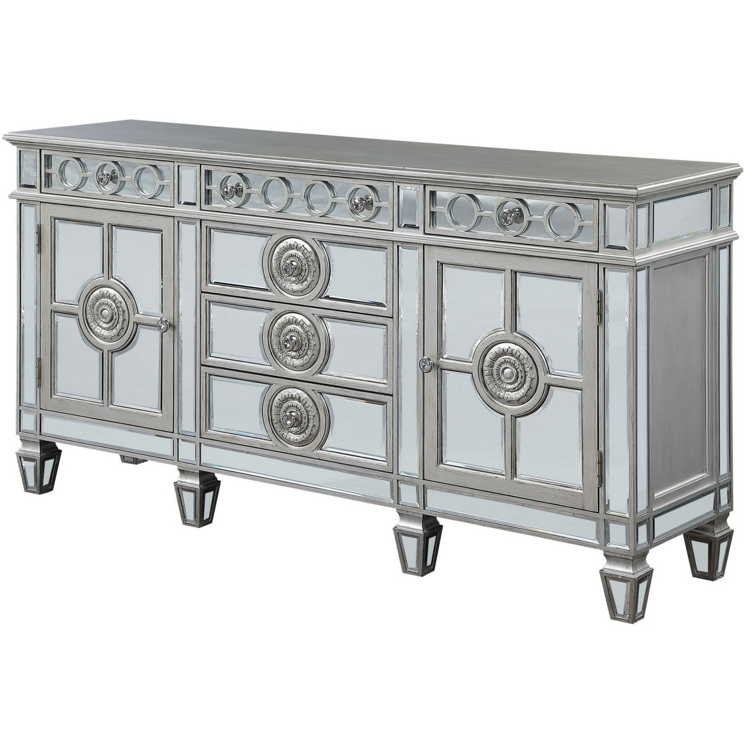 Server with 6 Mirrored Drawers and 2 Single Doors, Silver