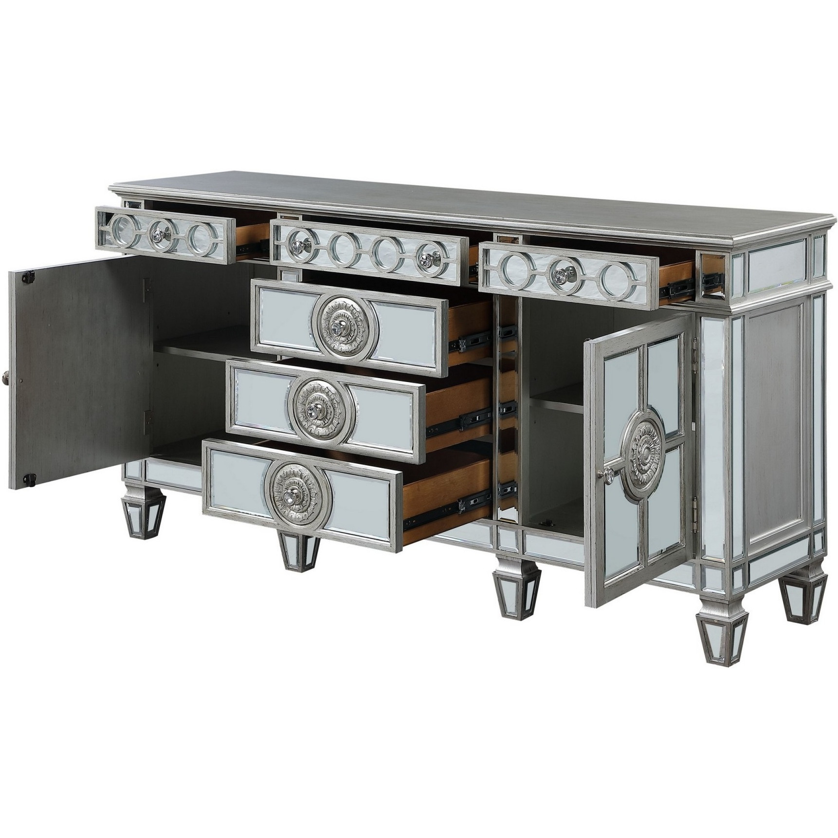 Server with 6 Mirrored Drawers and 2 Single Doors, Silver
