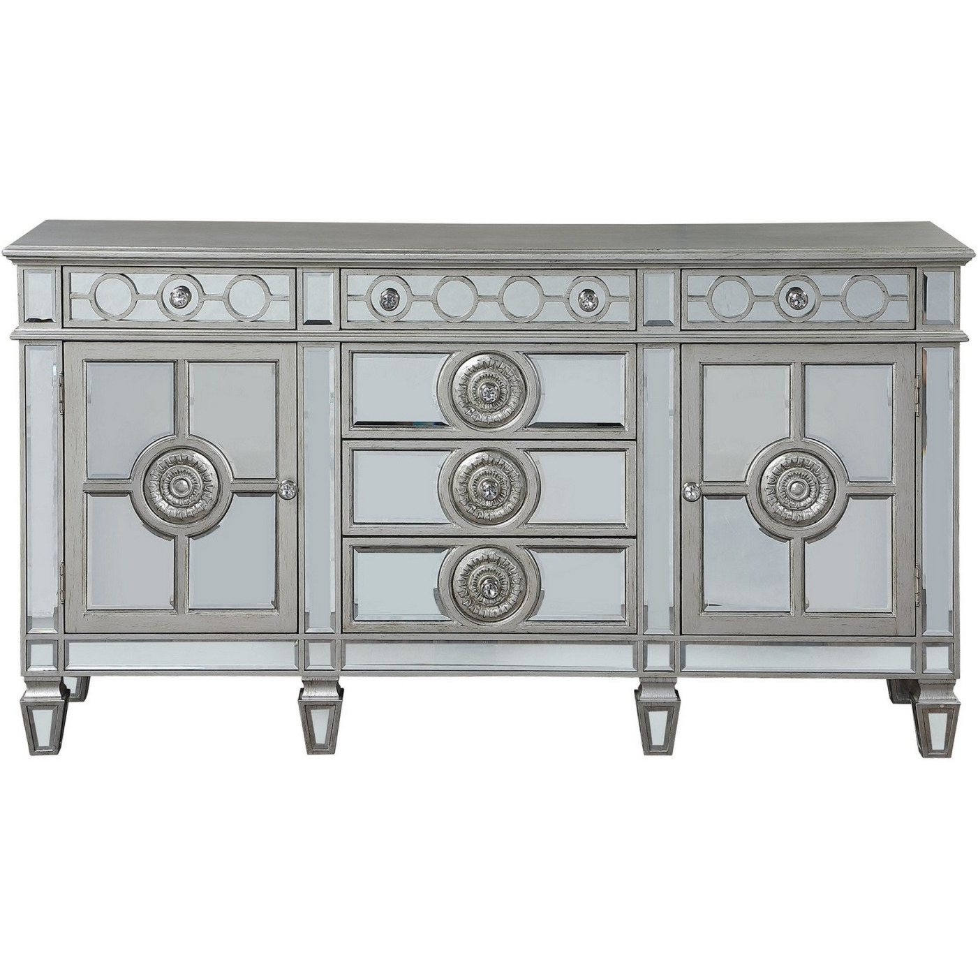 Server with 6 Mirrored Drawers and 2 Single Doors, Silver