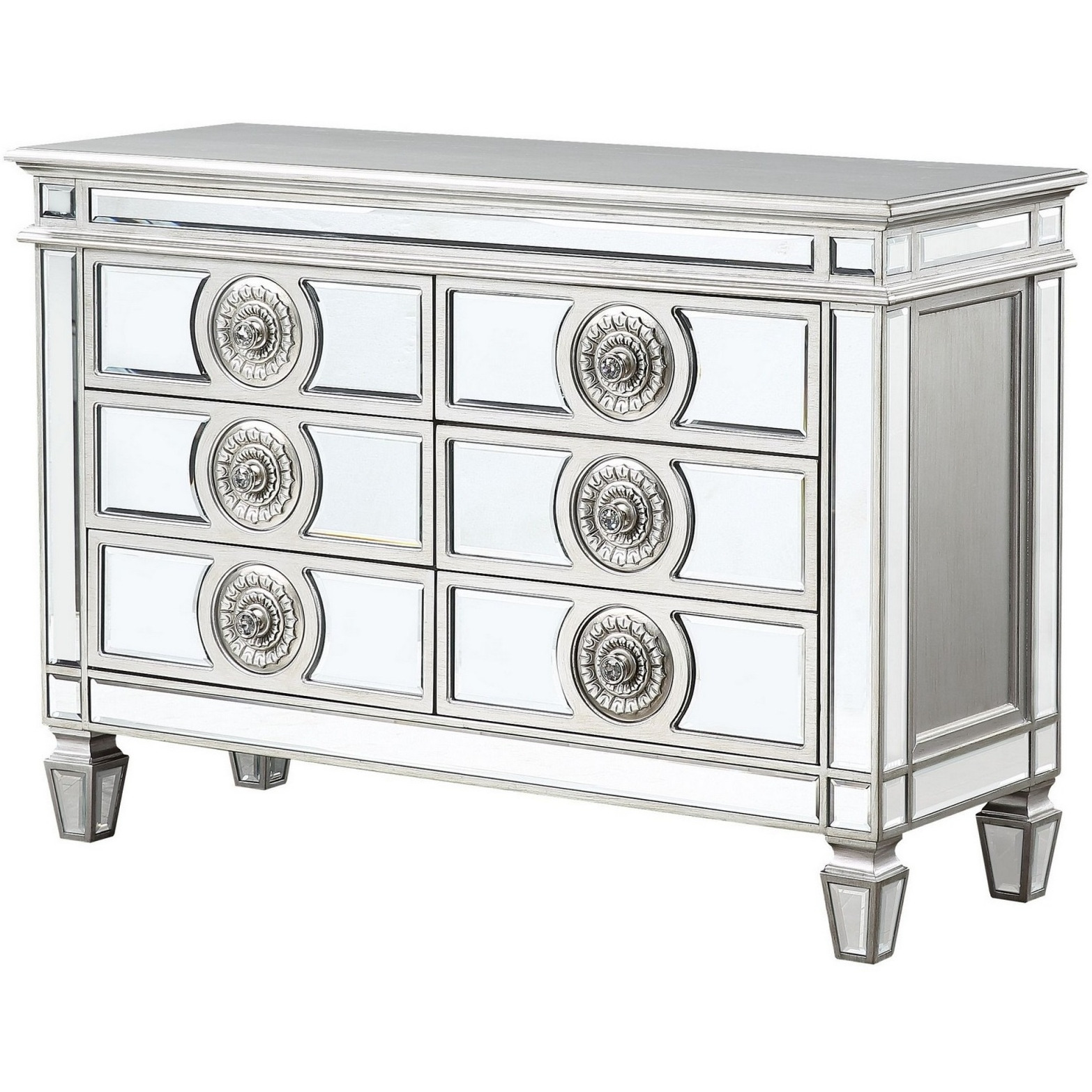 Server with 6 Mirrored Drawers and Medallion Front, Silver