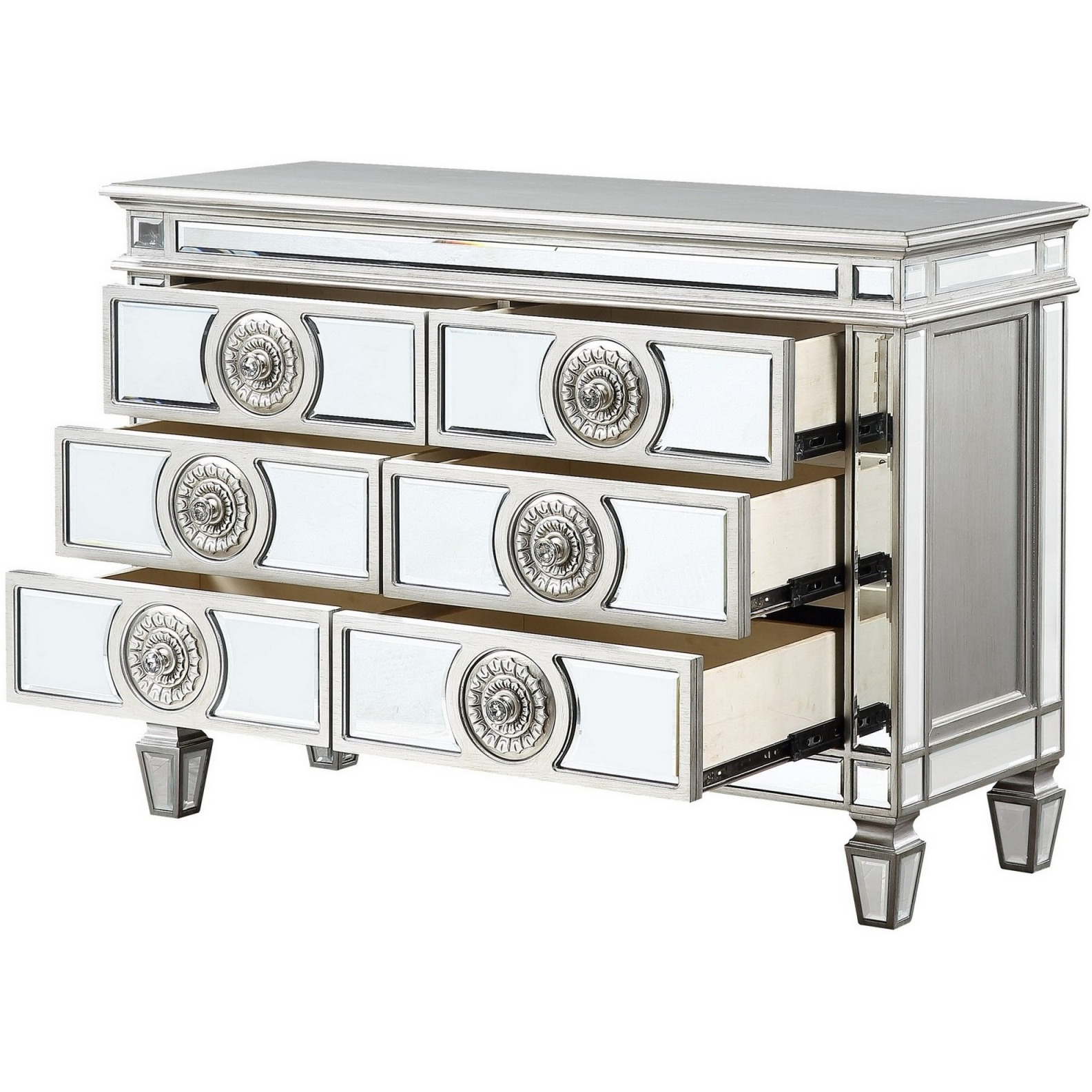 Server with 6 Mirrored Drawers and Medallion Front, Silver