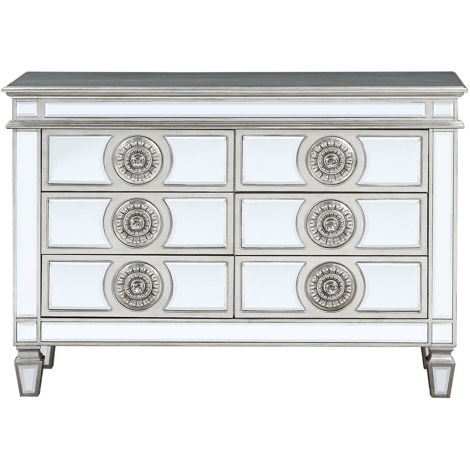 Server with 6 Mirrored Drawers and Medallion Front, Silver