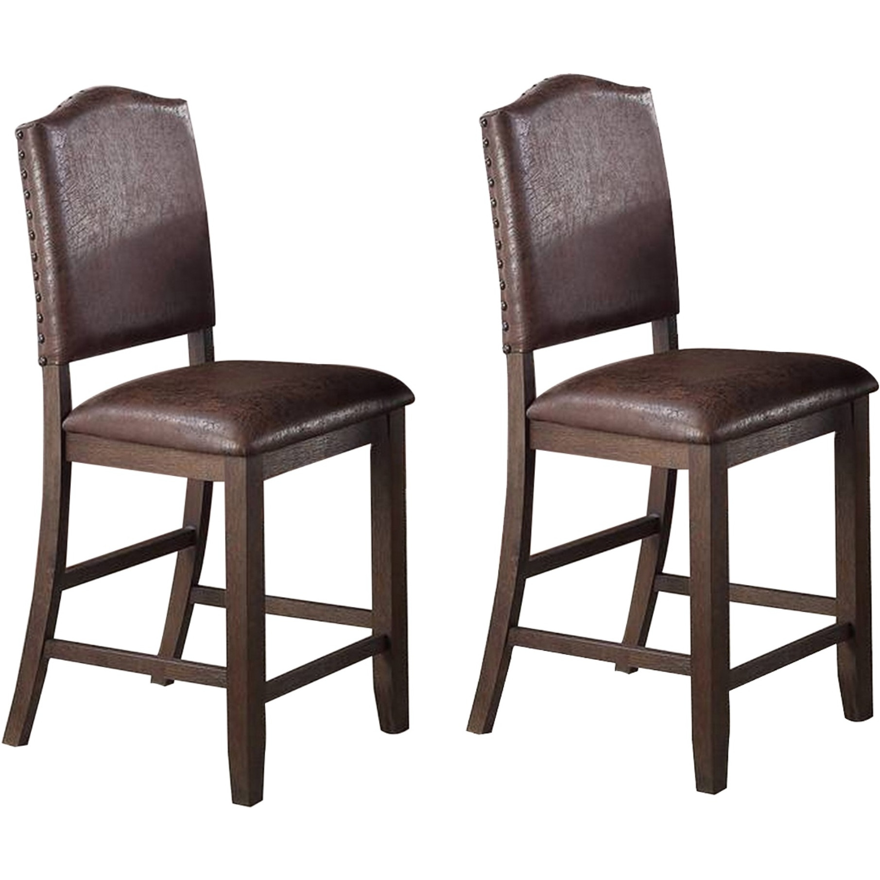 Counter Height Chair with Leatherette Seat and Rivets, Set of 2, Brown