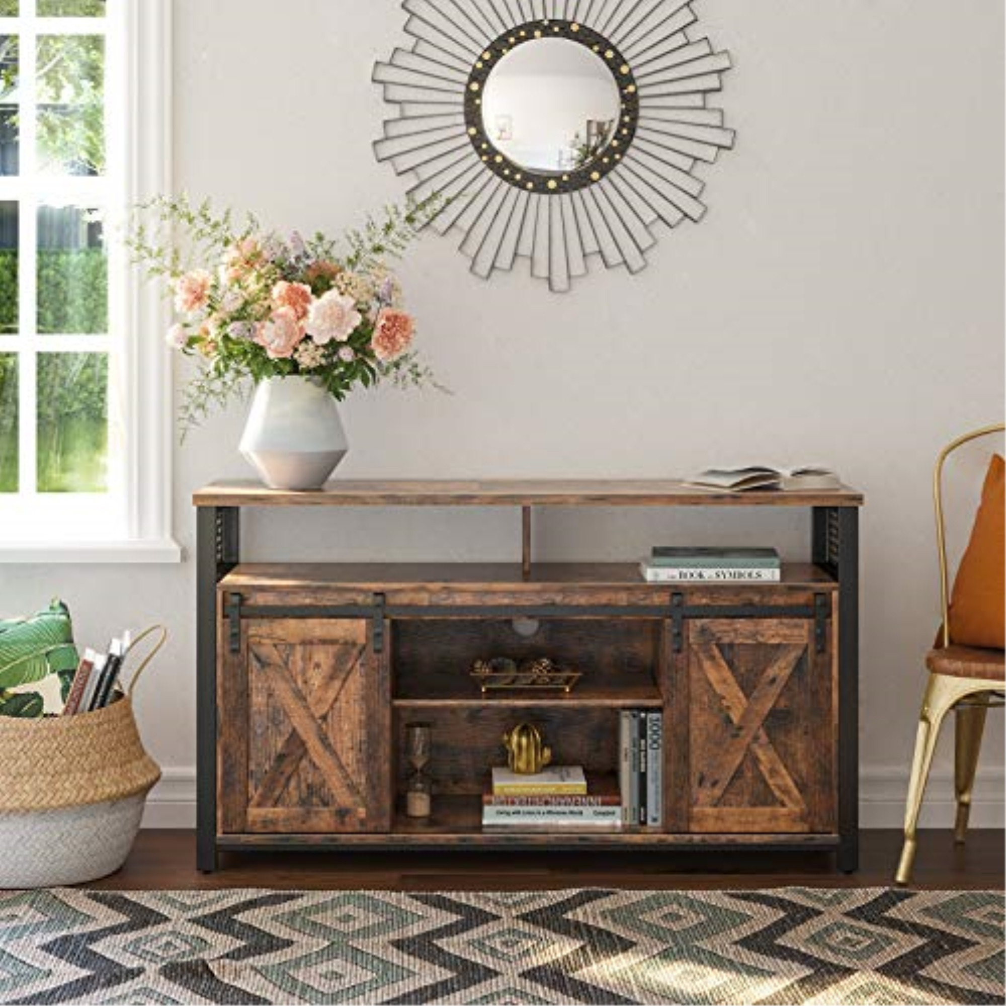 VASAGLE TV-Schrank, Fernsehtisch mit 2 Schiebetren, TV-Regal fr Fernseher bis zu 60 Zoll, Fernsehschrank mit verstellbaren Ablagen, Industrie-Design, vintagebraun-schwarz LTV46BX