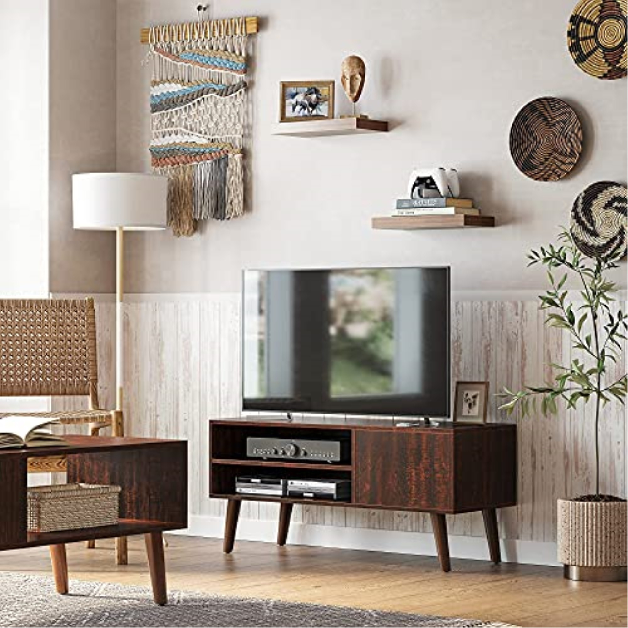 VASAGLE TV Stand, TV Cabinet for TVs up to 43 Inches, Mid-Century Modern TV Console Entertainment Center for Living Room, Bedroom, Lounge, Walnut Color ULTV09BY