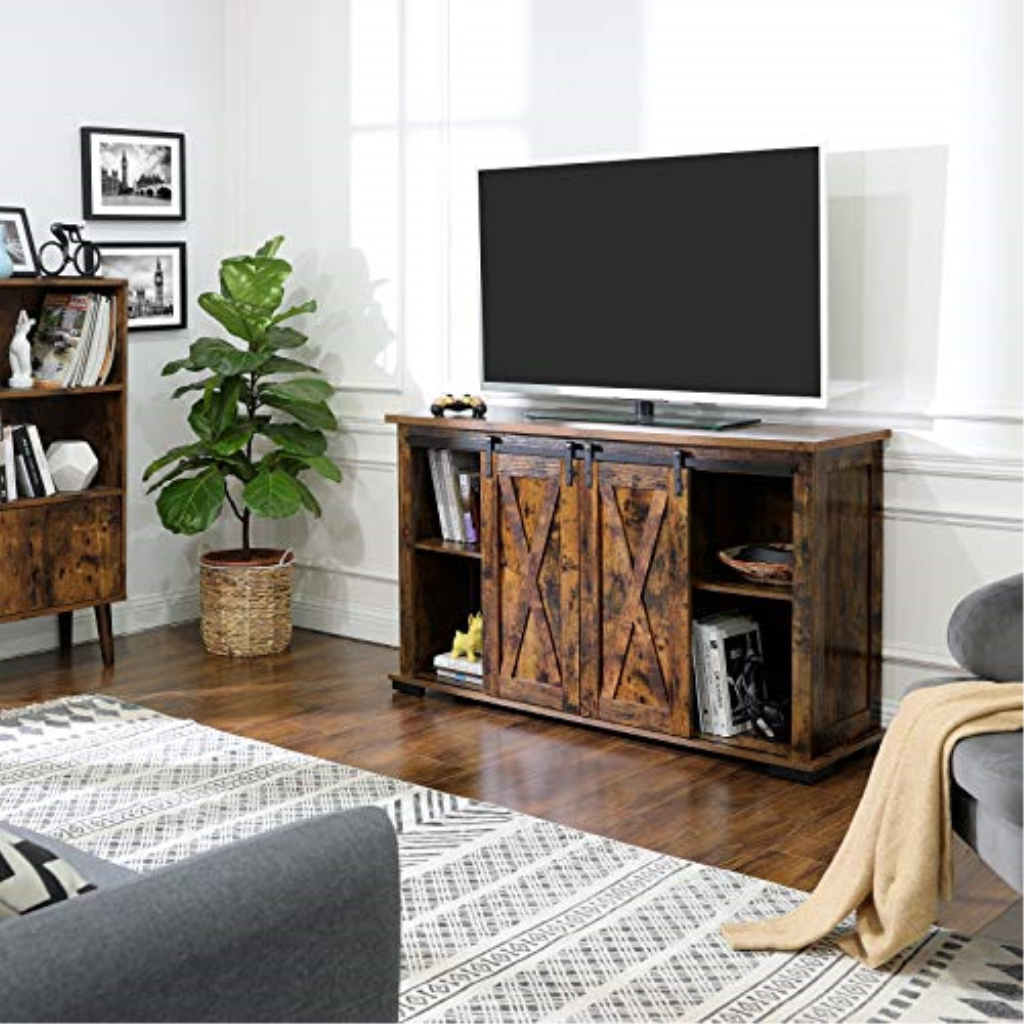 VASAGLE Stand with Storage and Sliding Barn Doors for 60-Inch TVs, Entertainment Center Console, 53.9 x 15.8 x 31.9, Rustic Brown