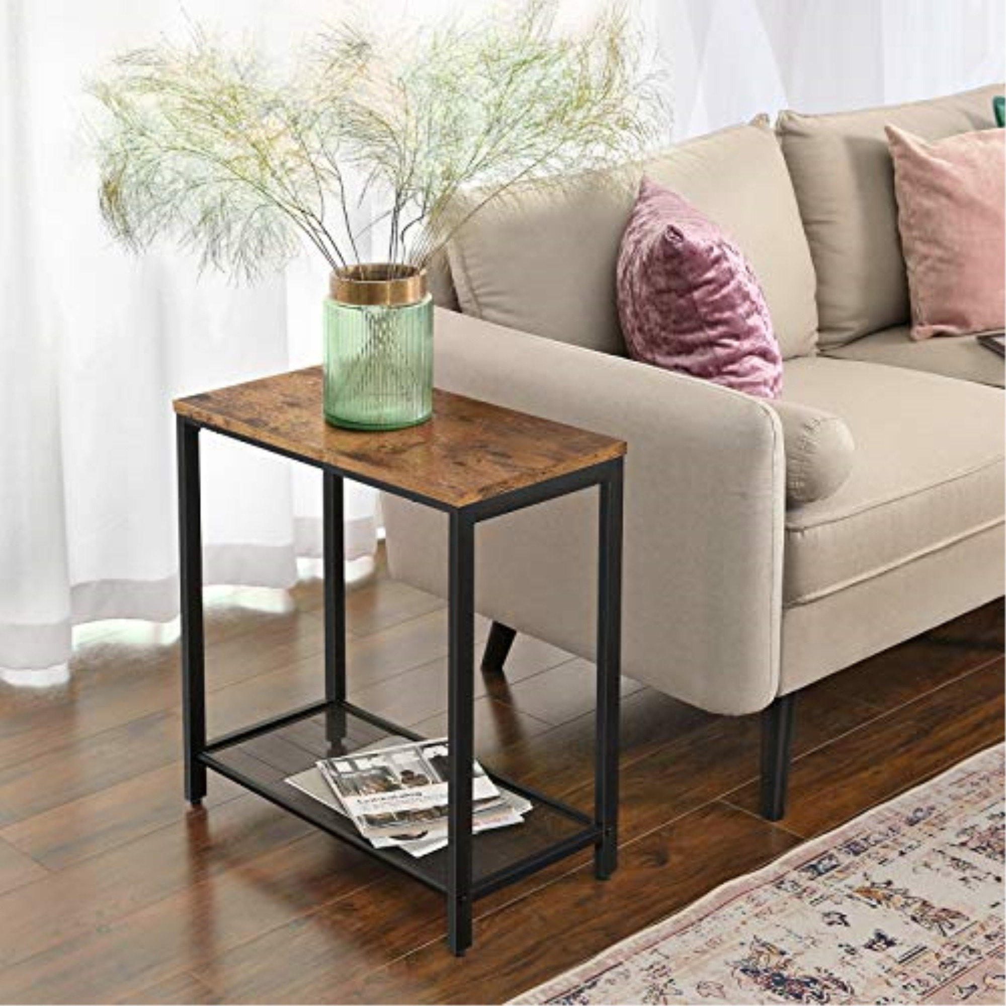VASAGLE INDESTIC Side Table, Narrow Small End Table with Mesh Shelf, Nightstand, Living Room, Bedroom, Kitchen, Metal, Industrial Design, Rustic Brown ULET32BX