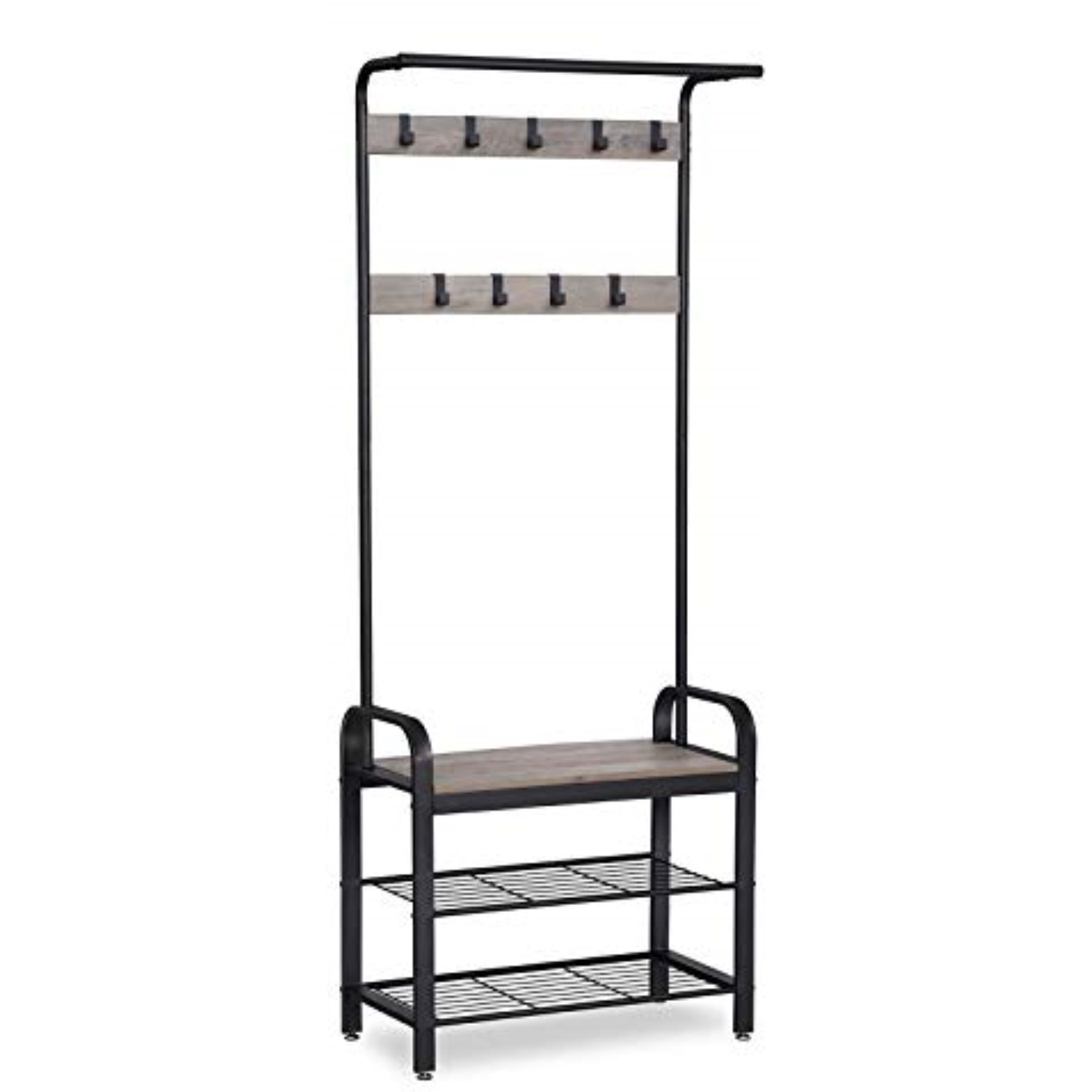 VASAGLE Garderobenstnder, Garderobe, Schuhregal mit Sitzflche, Kleiderstnder mit 9 abnehmbaren Haken, Sitzbank, 2 Gitterablagen, 183 cm hoch, Industrie-Design, Greige-schwarz HSR40MB