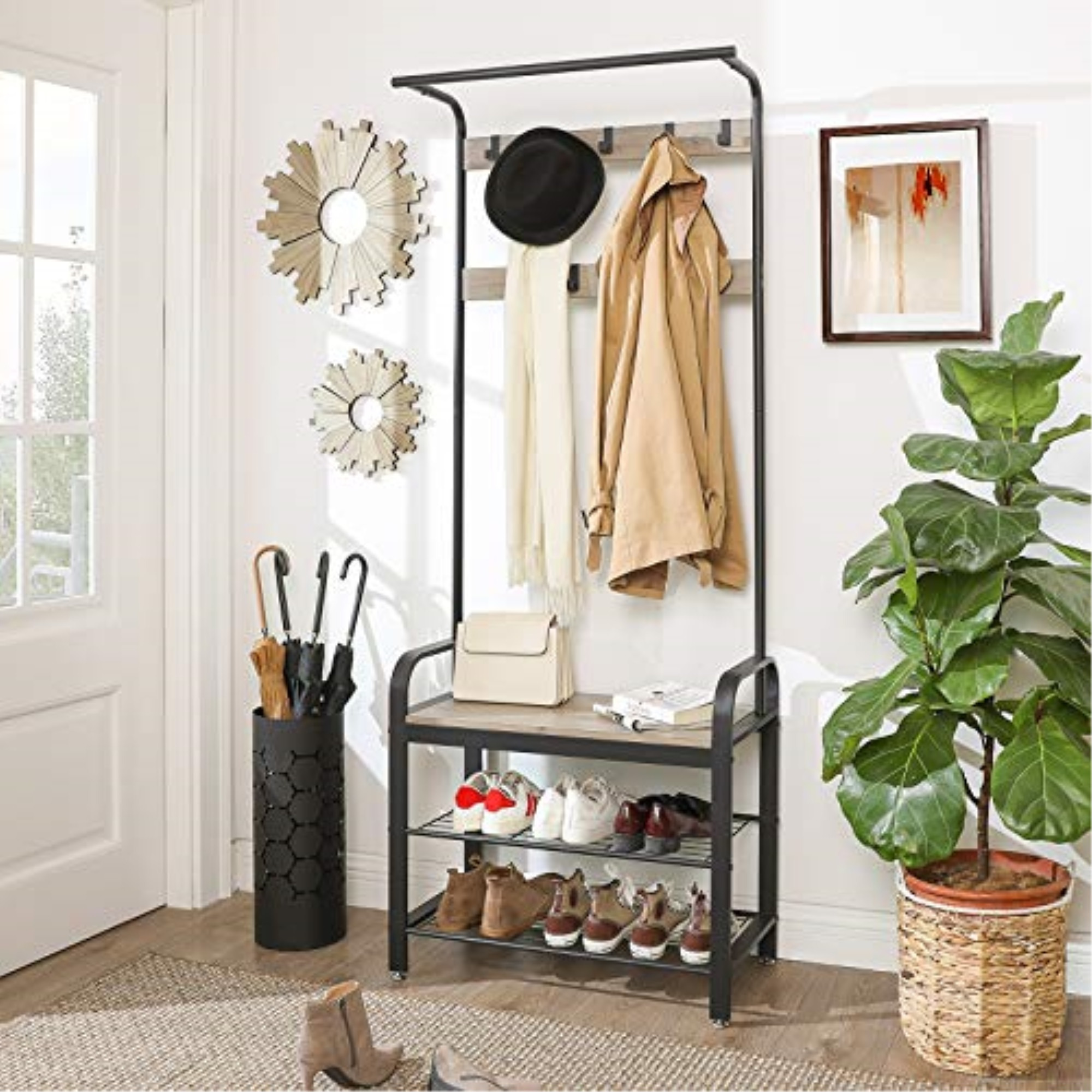 VASAGLE Garderobenstnder, Garderobe, Schuhregal mit Sitzflche, Kleiderstnder mit 9 abnehmbaren Haken, Sitzbank, 2 Gitterablagen, 183 cm hoch, Industrie-Design, Greige-schwarz HSR40MB