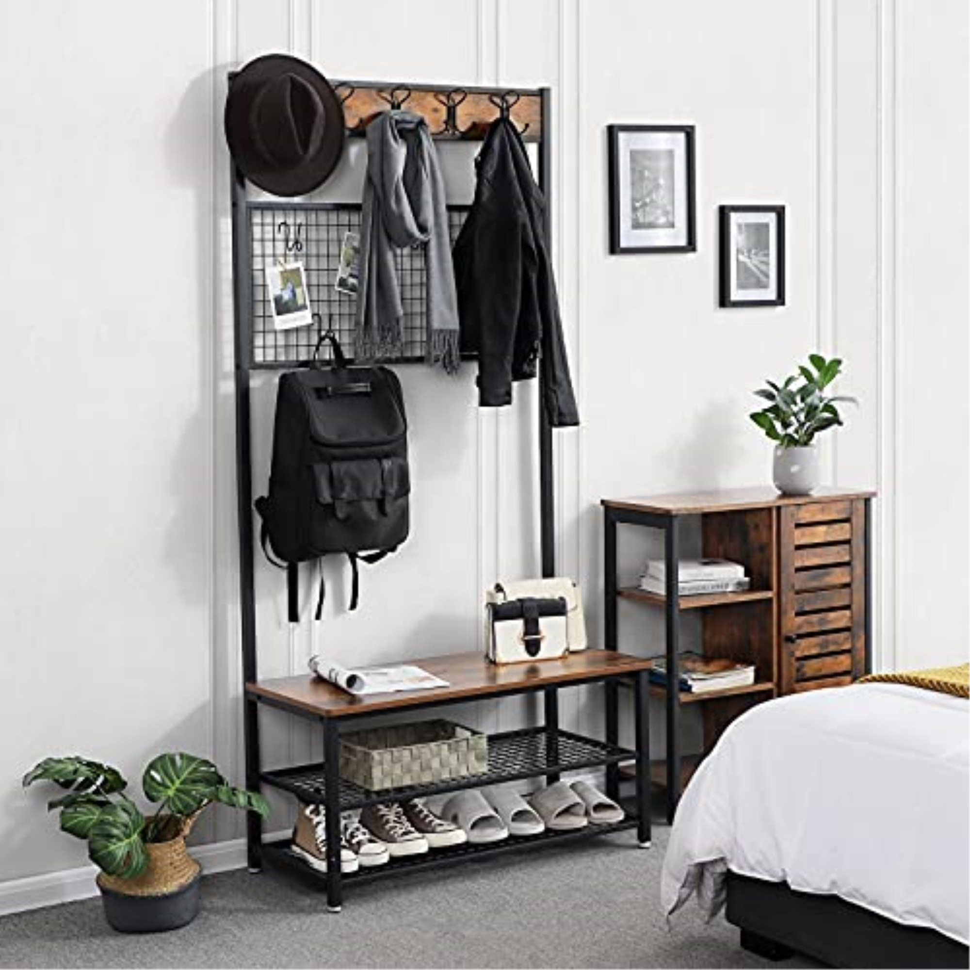 VASAGLE Garderobenstnder mit Sitzbank, im Industrie Design, Garderobe mit 9 Kleiderhaken und Schuhregal, mit Memo-Board aus Drahtgitter, Flur, Diele, Schlafzimmer, Vintage HSR46BX