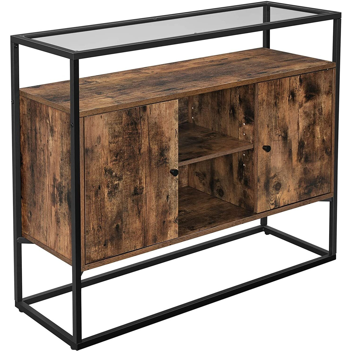 VASAGLE Sideboard, Beistellschrank, Anrichte, Kchenschrank mit Glasoberflche und offenen Fchern, Wohnzimmer, Flur, stabiles Stahlgestell, Hartglas, Industrie-Design, vintagebraun-schwarz LSC014B01