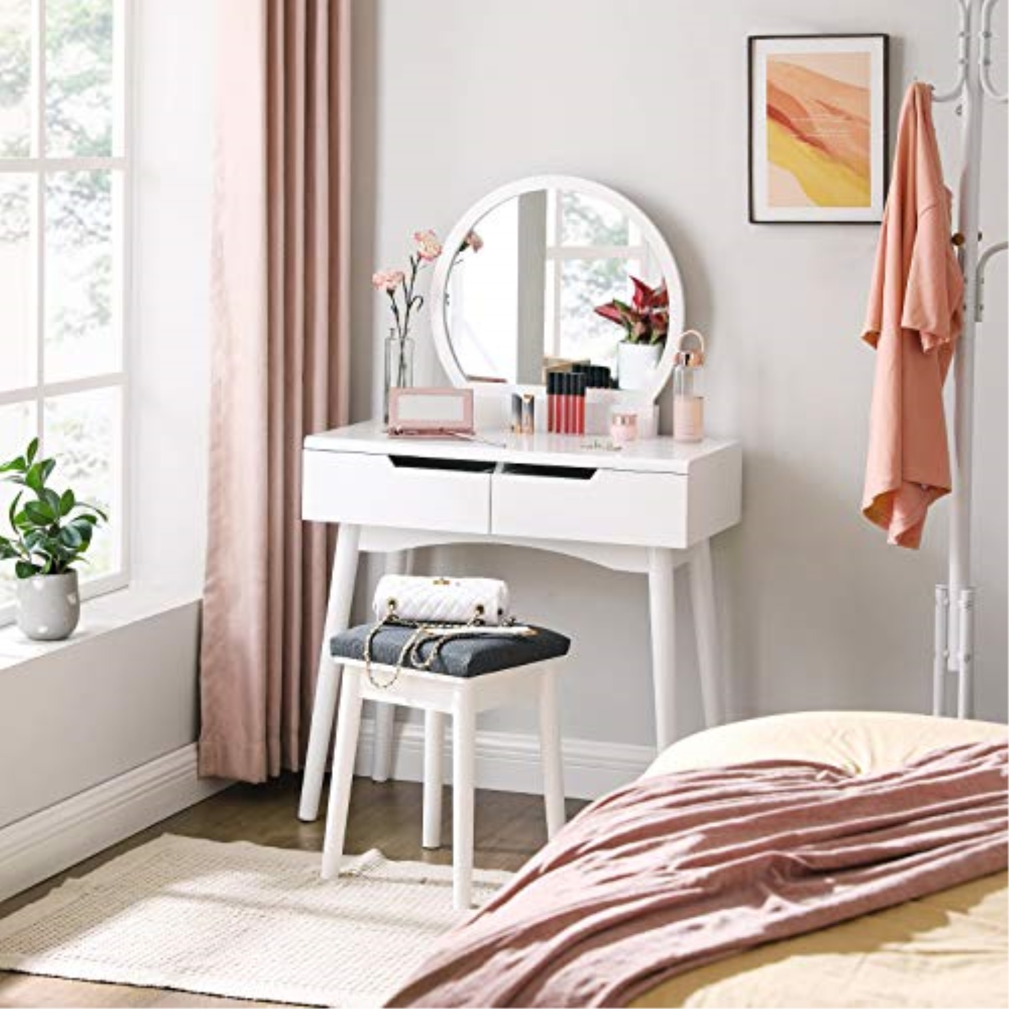 SONGMICS Modern Schminktisch Sunflower,2 groB schubladen mit Schienen,Kosmetiktisch mit rundem Spiegel und Hocker, frisiertisch Frisierkommode wei, Holz, RDT11W