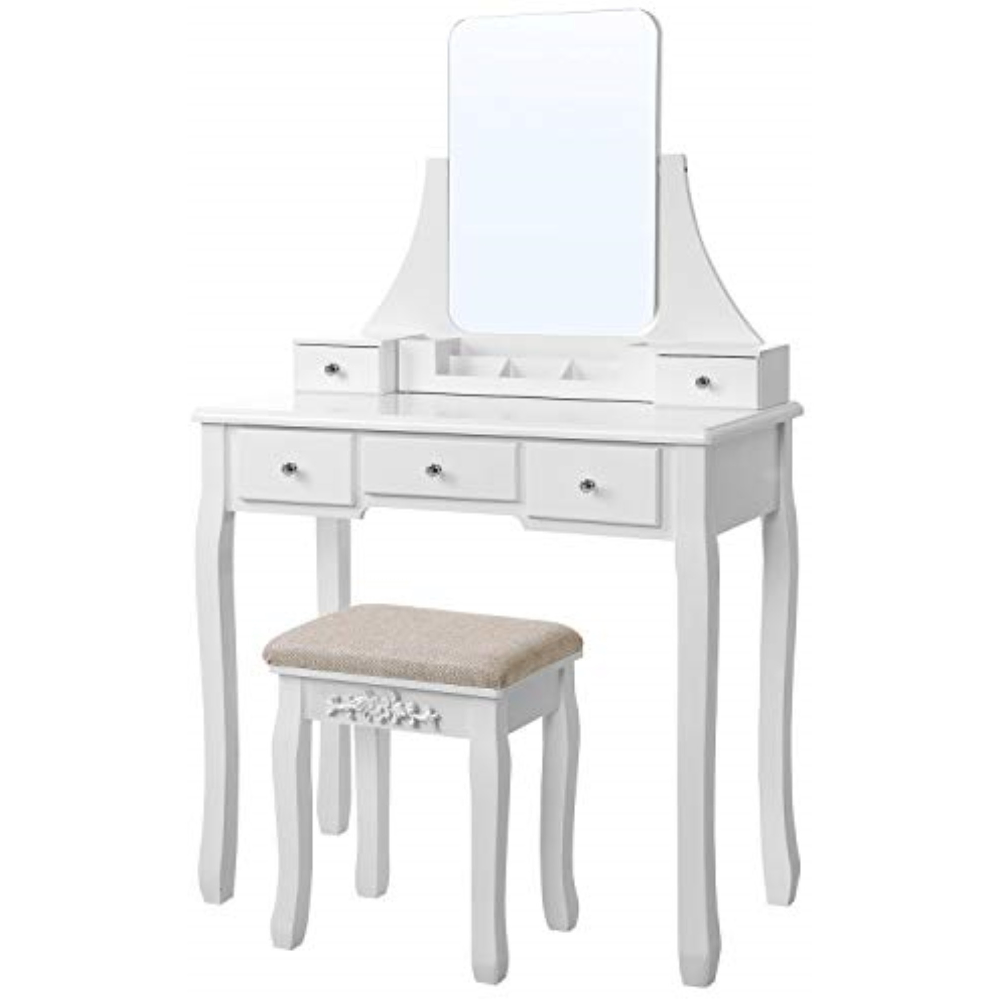 VASAGLE - Juego de tocador de maquillaje con espejo grande sin marco, juego de tocador para dormitorio, bao, 5 cajones y 1 caja de almacenamiento extrable, taburete acolchado, blanco URDT25W