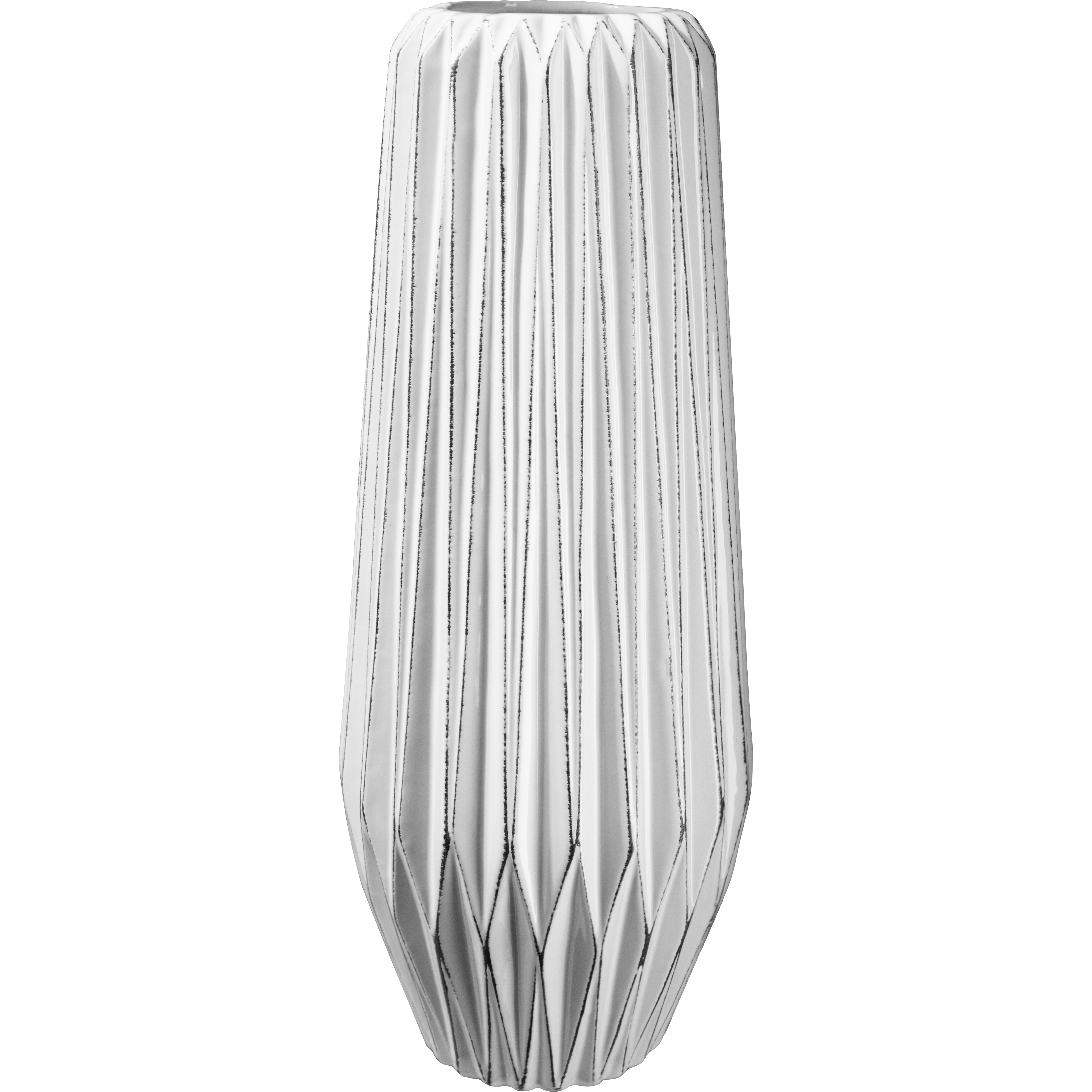 Ceramic Round Vase with Embossed Black Edges Spike Design Body and Tapered Bottom Base LG Gloss Finish White