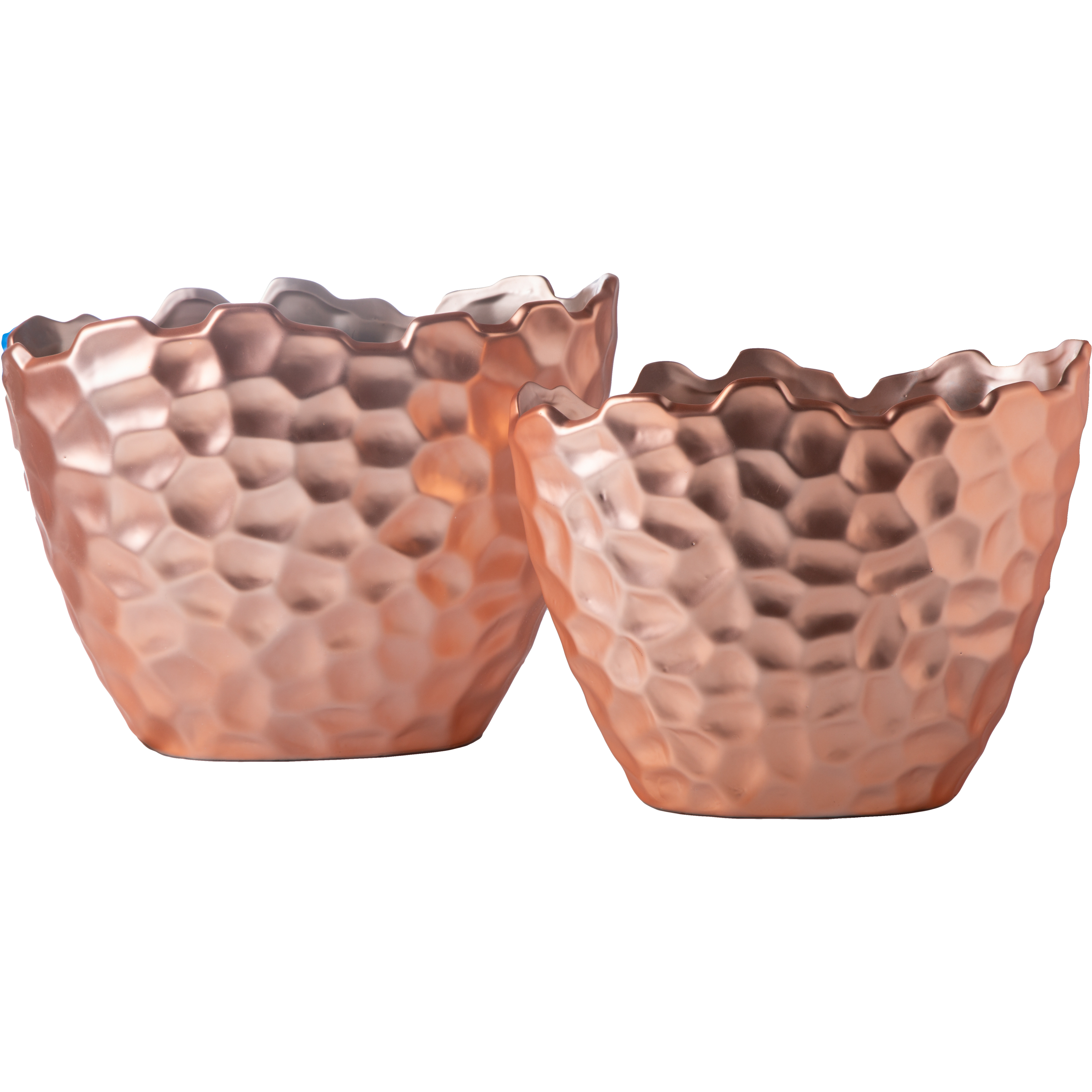 Ceramic Oval Pot with Irregular Lip, Geometric Pattern and Tapered Bottom Set of Two Matte Finish Rose Gold