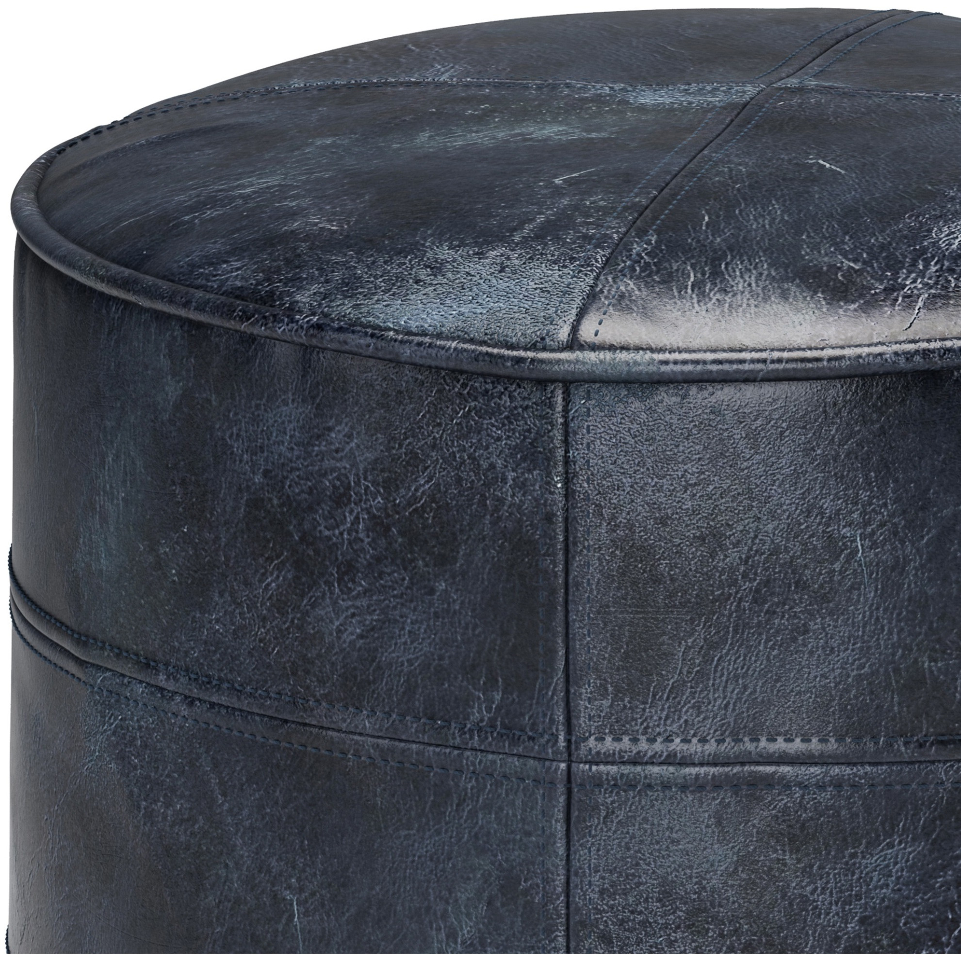 Connor Boho Round Pouf in Distressed Navy Blue Genuine Leather