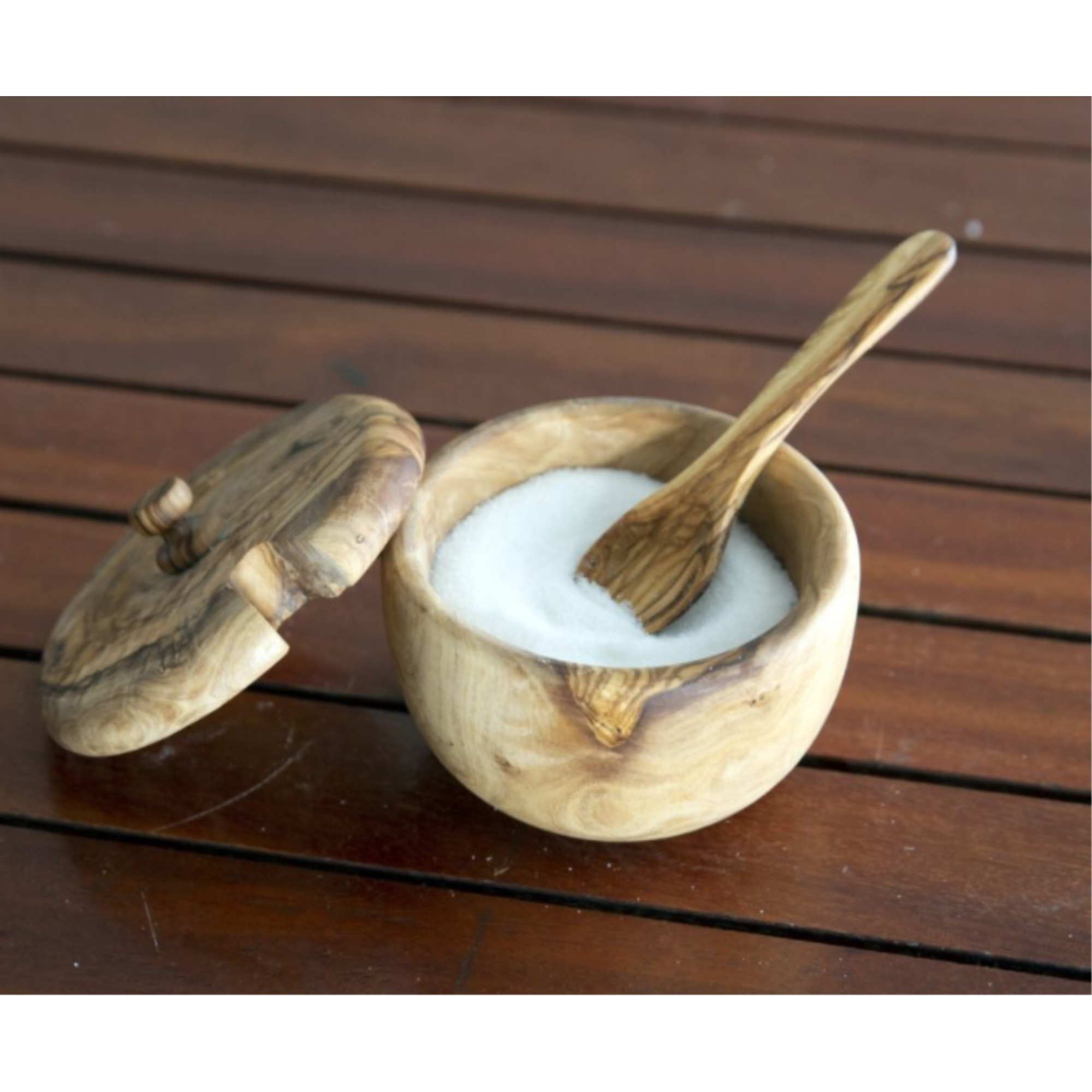 Olive wood honey pot jar with dipper stick spoon