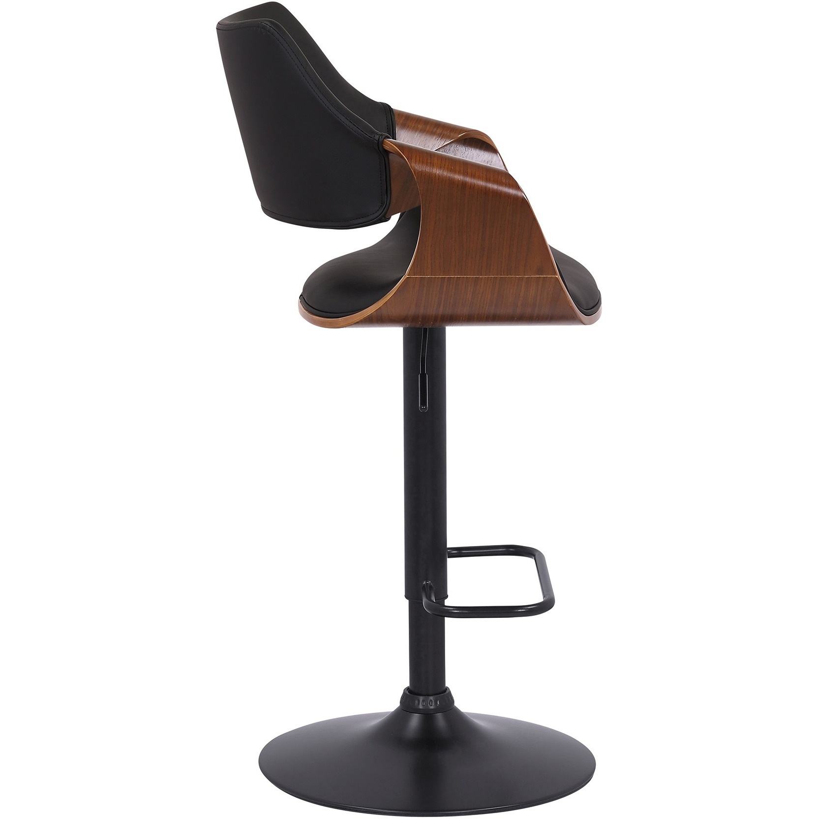 Aspen Adjustable Swivel Black Faux Leather and Walnut Wood Bar Stool with Black Base