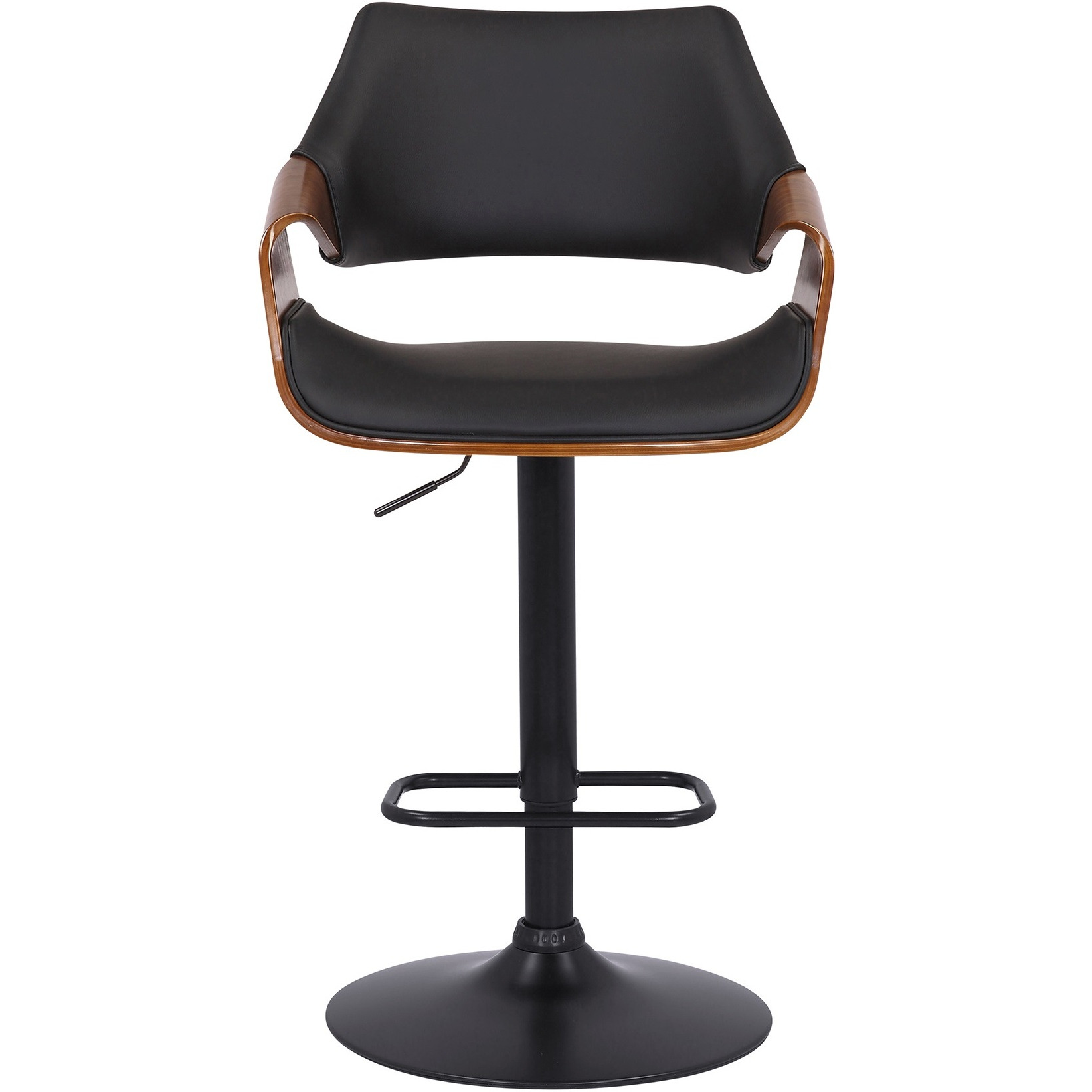 Aspen Adjustable Swivel Black Faux Leather and Walnut Wood Bar Stool with Black Base
