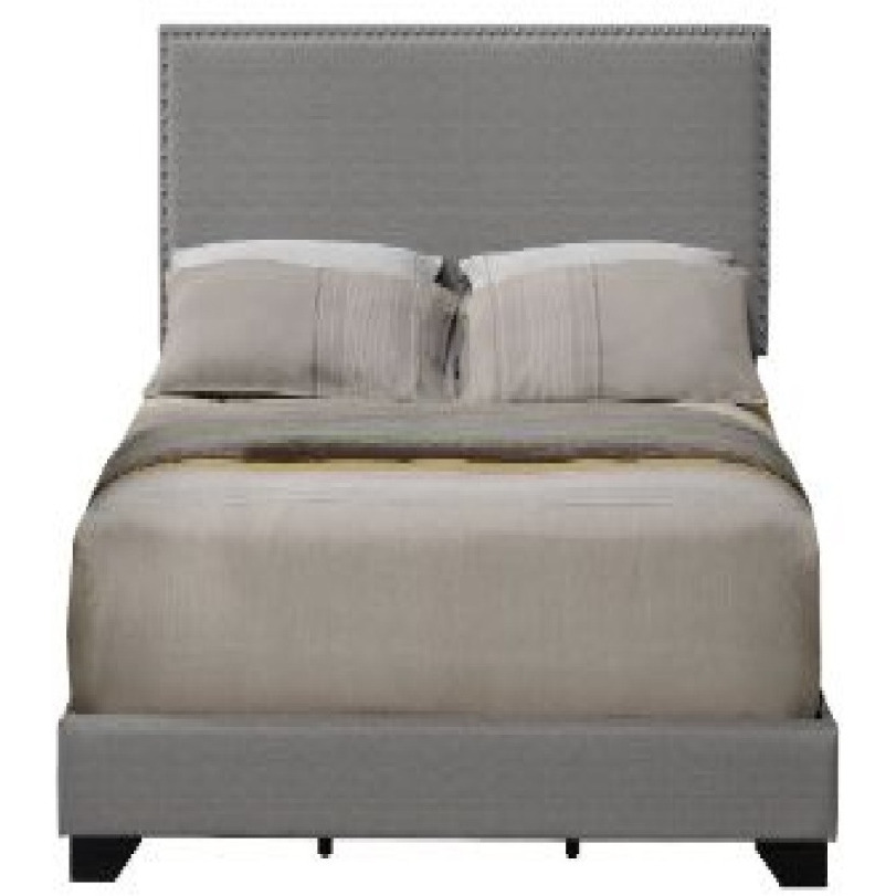 Queen Size Bed with Fabric Upholstery and Nailhead Accent, Gray