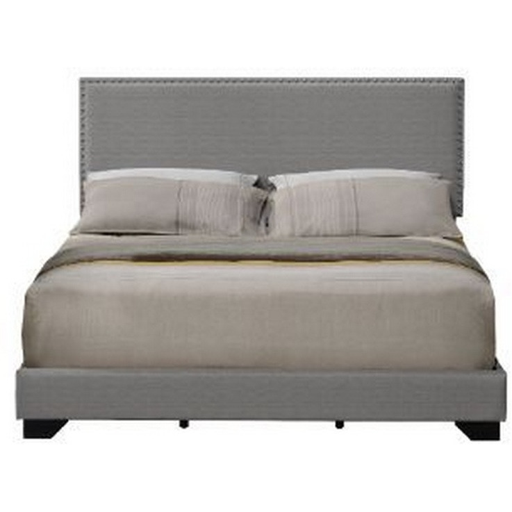 Queen Size Bed with Fabric Upholstery and Nailhead Accent, Gray