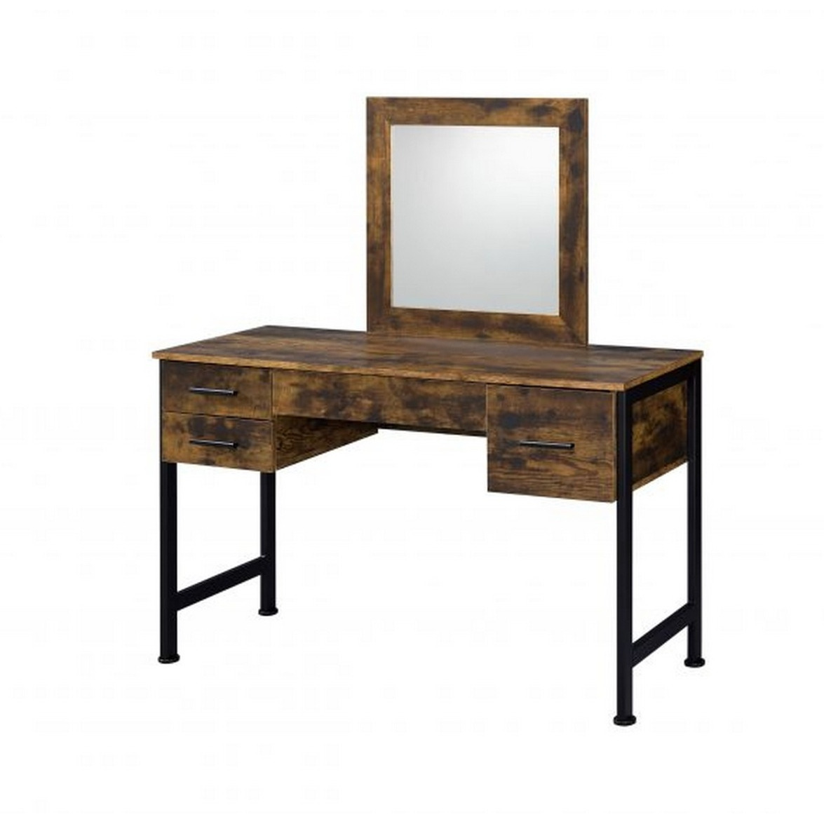 Vanity Desk with 4 Drawers and Square Mirror, Brown and Black