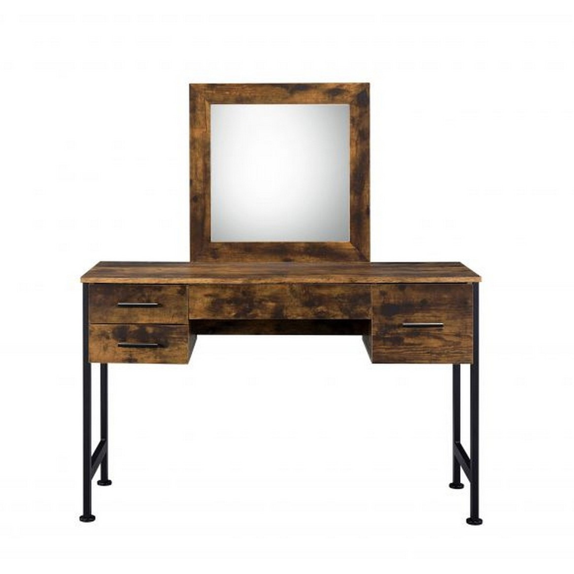 Vanity Desk with 4 Drawers and Square Mirror, Brown and Black