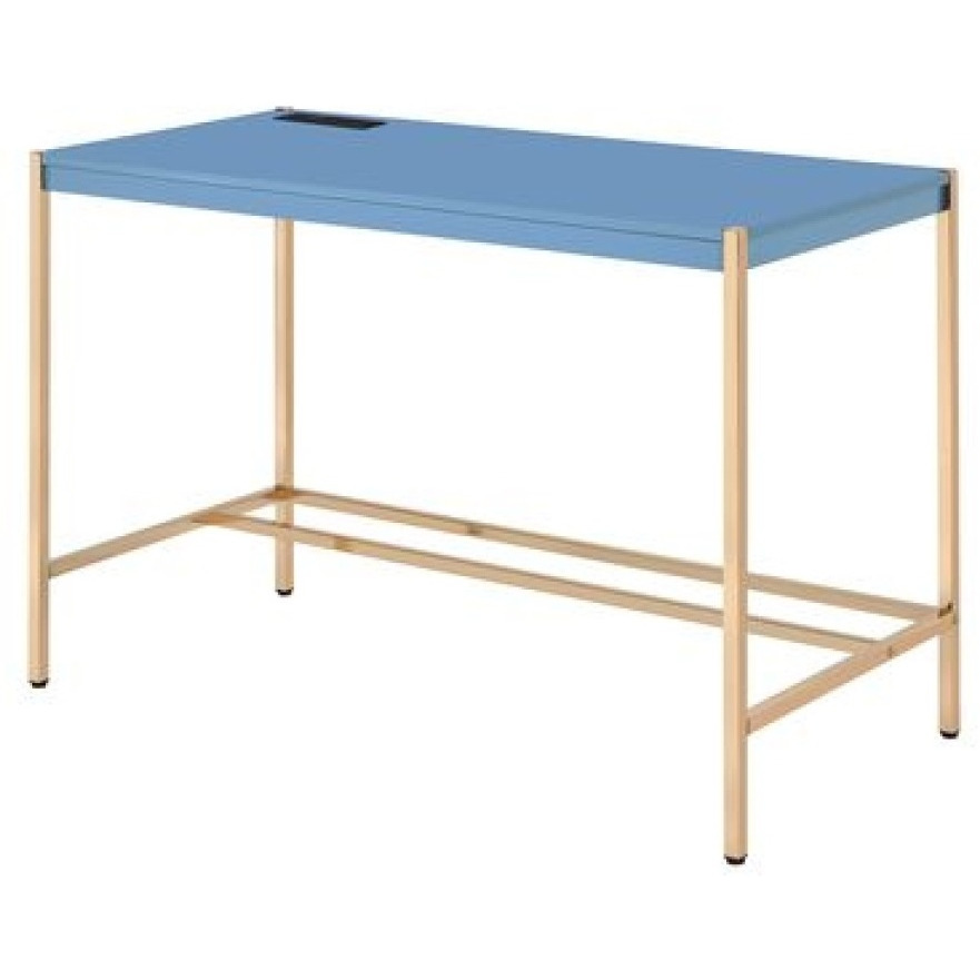 Writing Desk with USB Dock and Metal Legs, Blue and Rose Gold