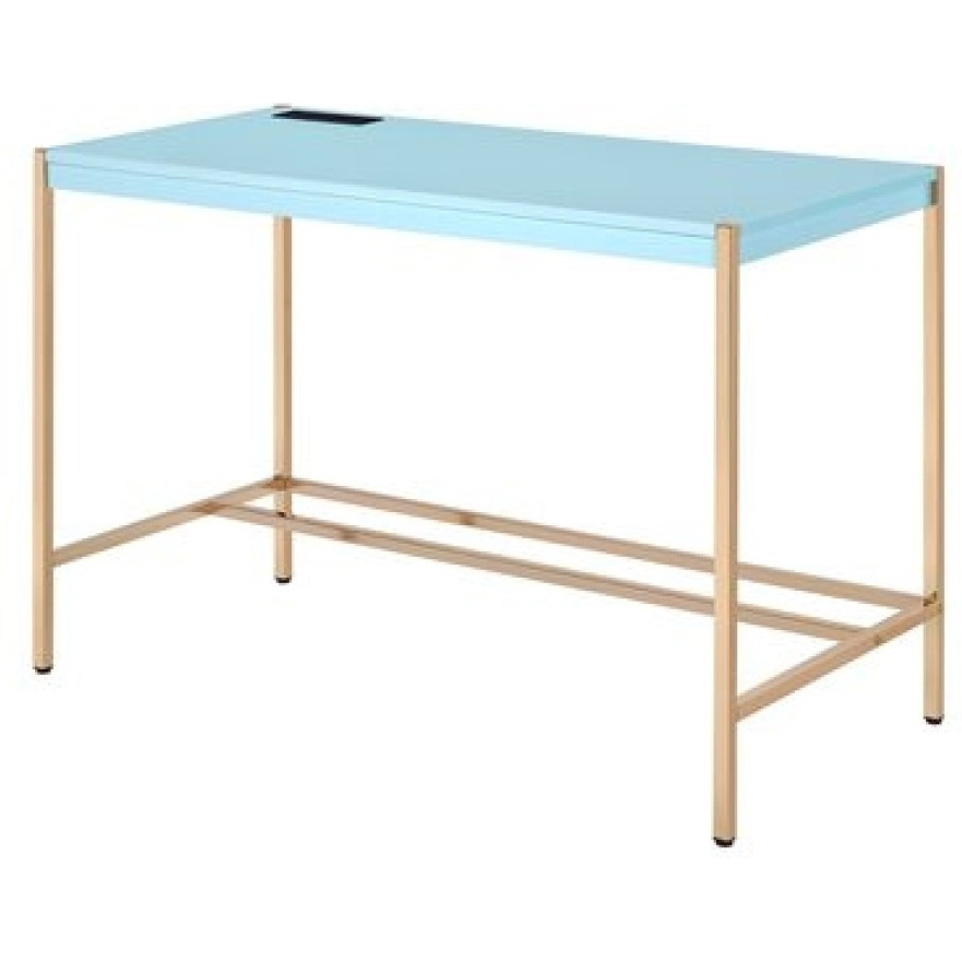Writing Desk with USB Dock and Metal Legs, Sky Blue and Gold