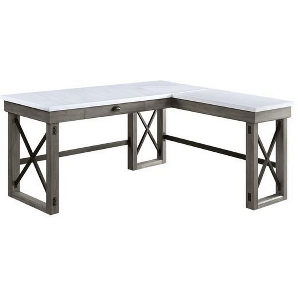 L Shape Writing Desk with Marble Lift Top and Sled Base, Gray and White